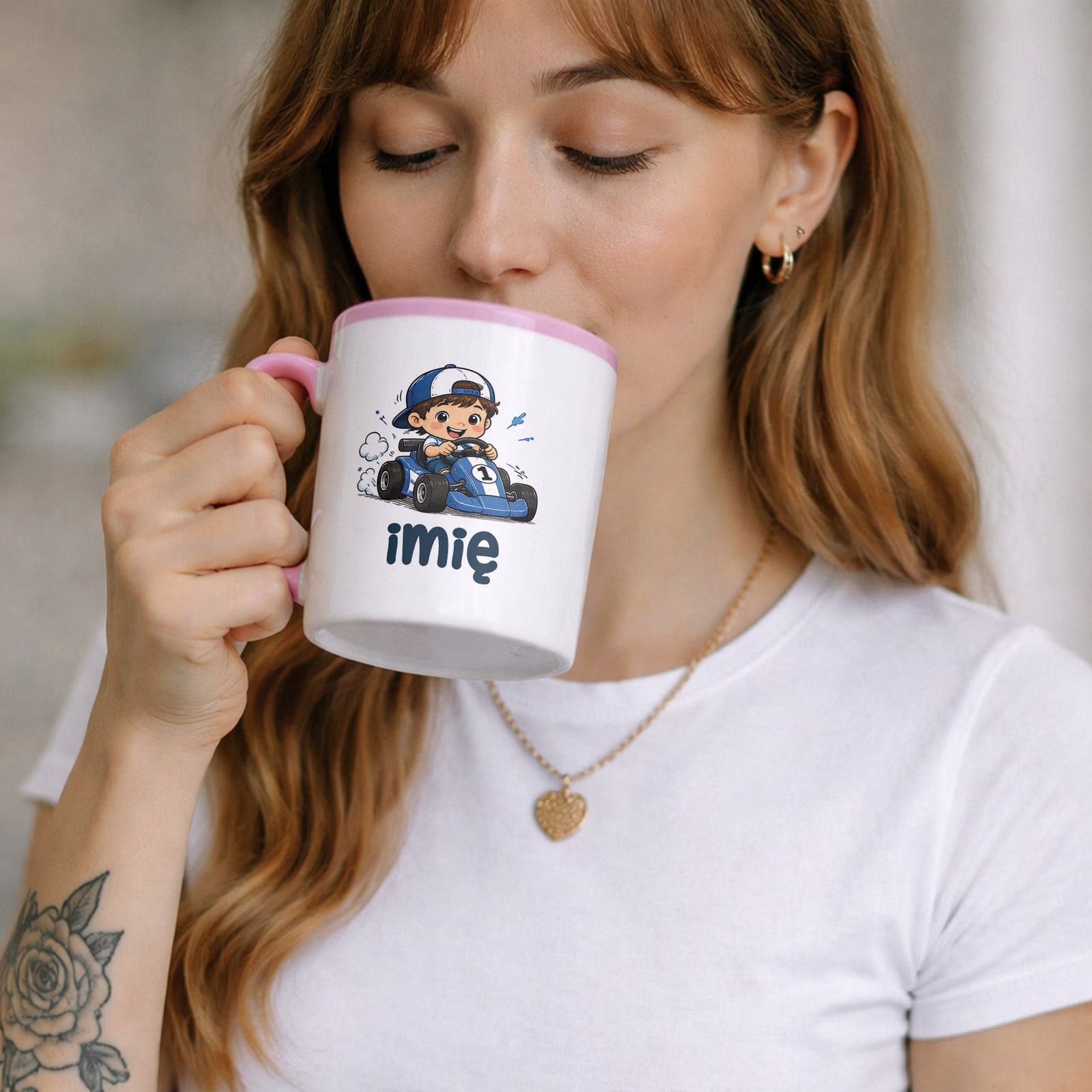 Zestaw Personalizowany Kubek Różowy Poduszka Wyścigówka Prezent