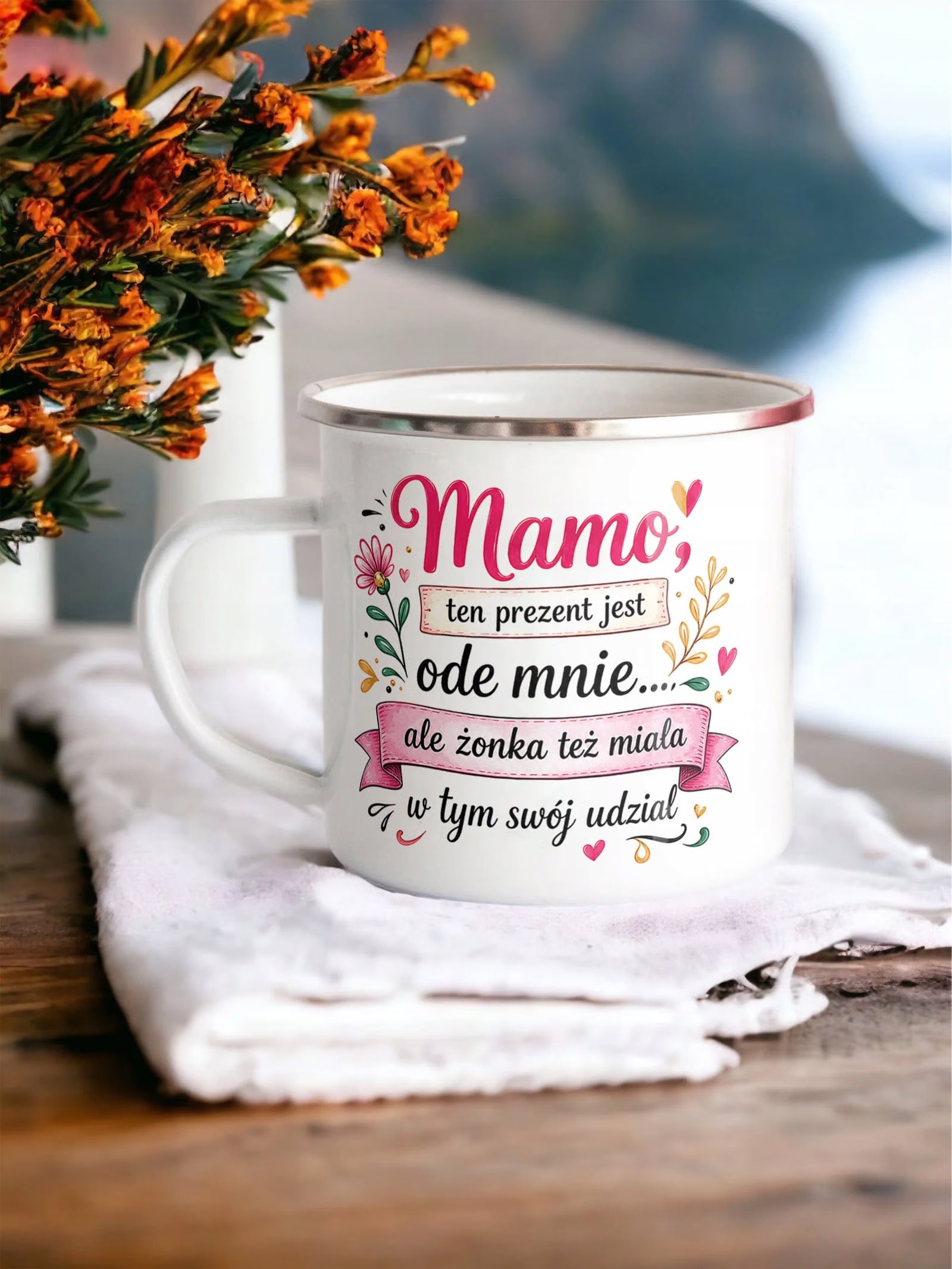 Kubek Emaliowany Dzień Matki dla mamy praktyczny z Nadrukiem Biały Metalowy
