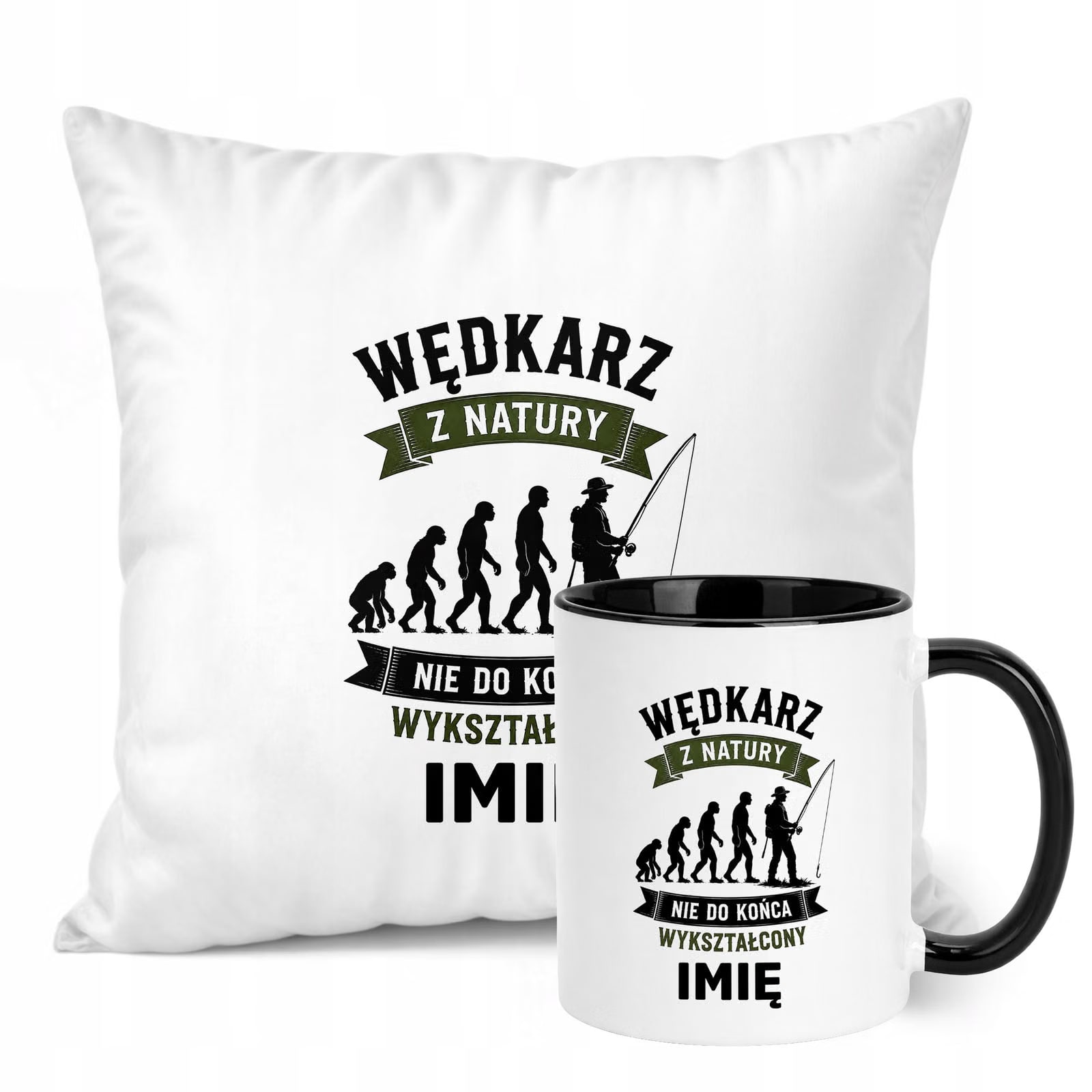 Zestaw Personalizowany Kubek Czarny Poduszka Z Nadrukiem Dla Wędkarza