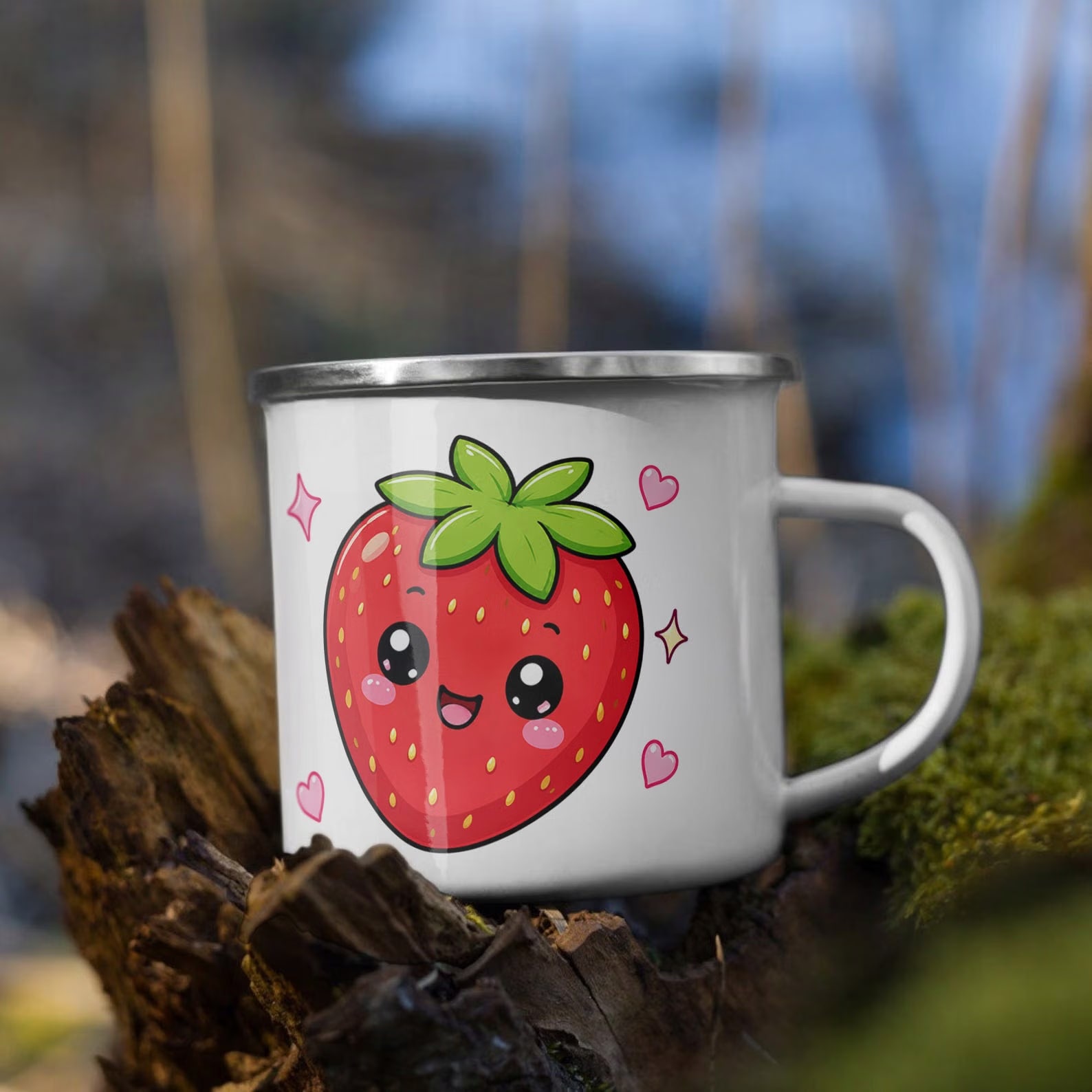Zestaw Kubek Emaliowany Poduszka Z Nadrukiem Kawaii Truskawka Prezent