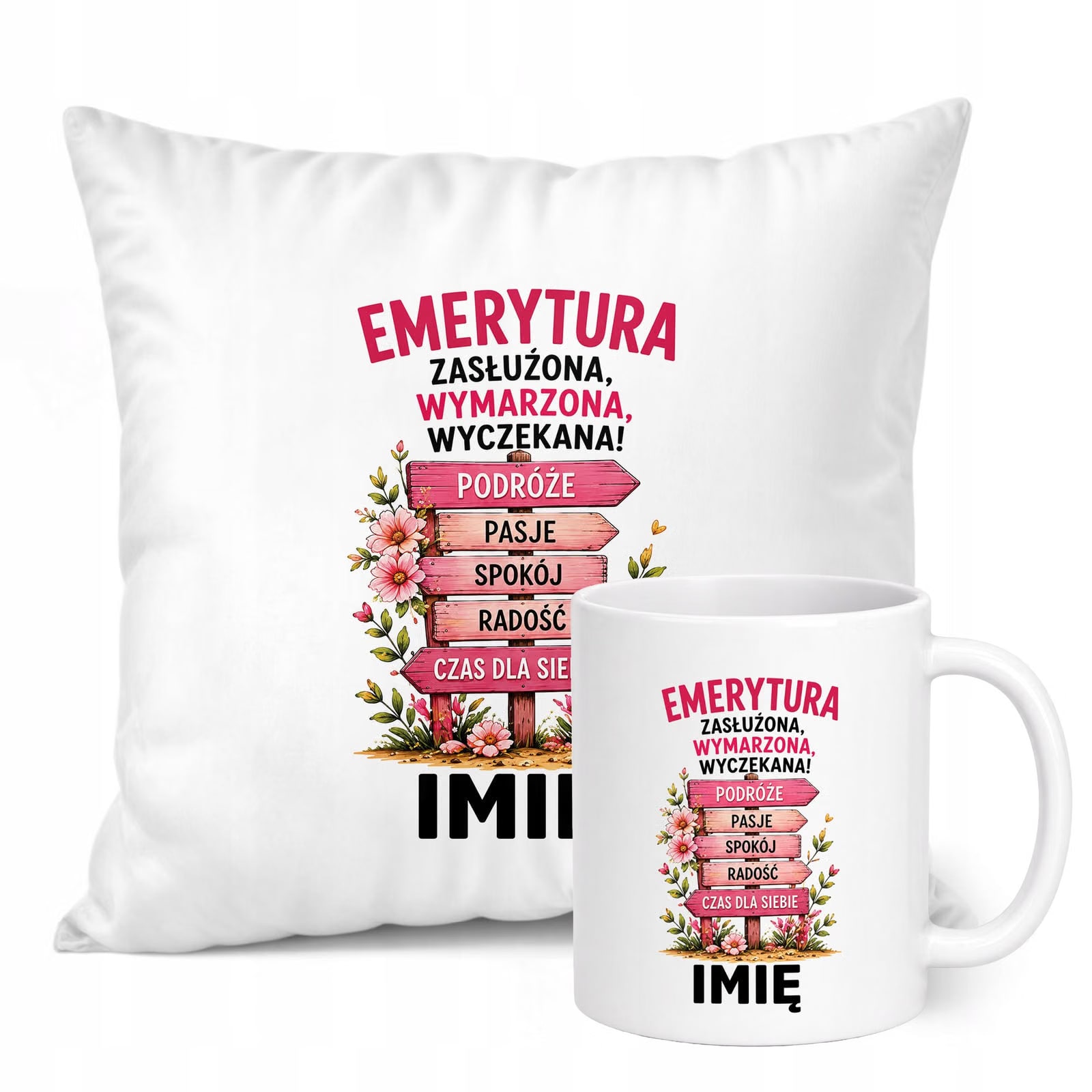 Zestaw Personalizowany Kubek Biały Poduszka Emerytura Dla Emerytki Prezent