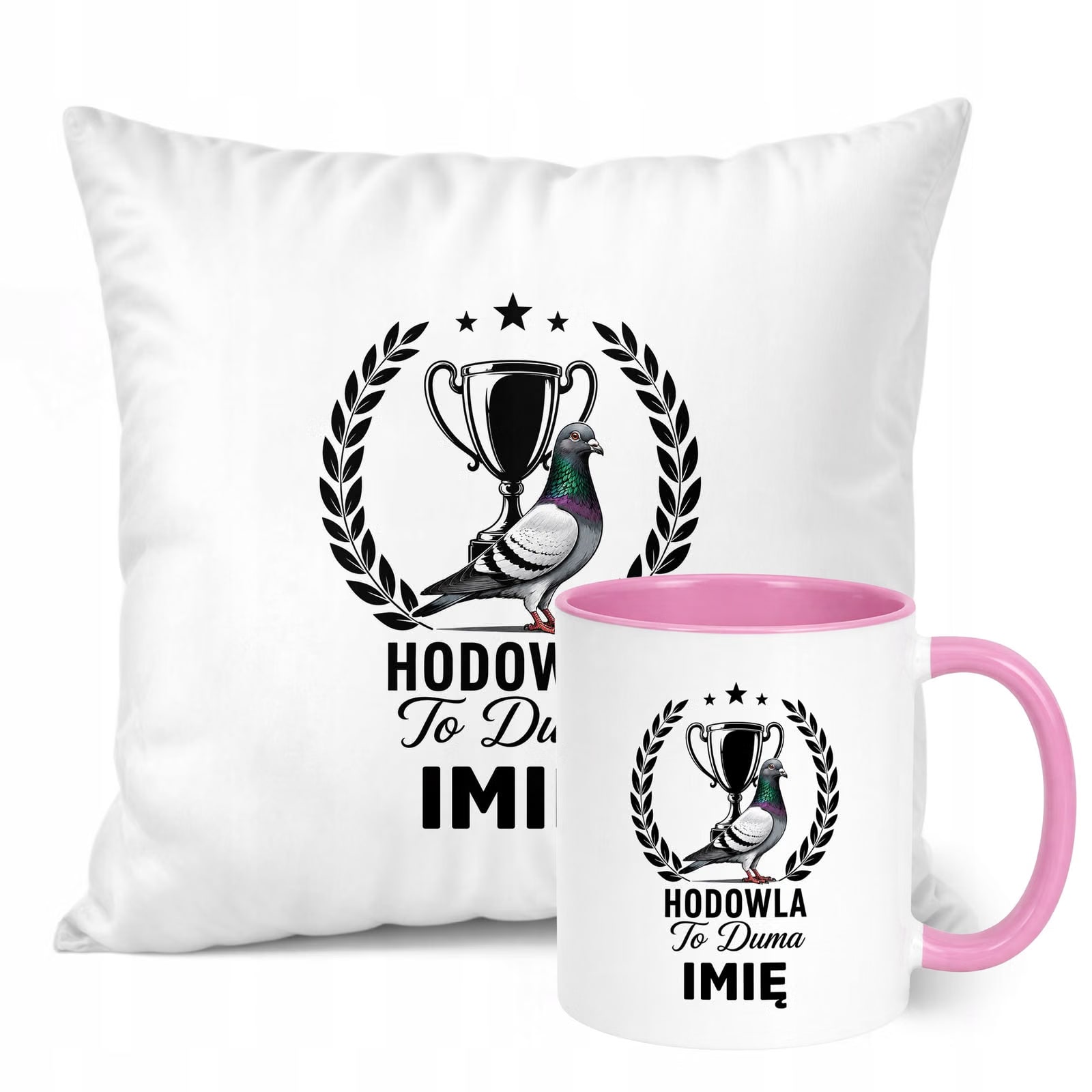 Zestaw Personalizowany Kubek Różowy Poduszka Z Nadrukiem Dla Gołębiarza