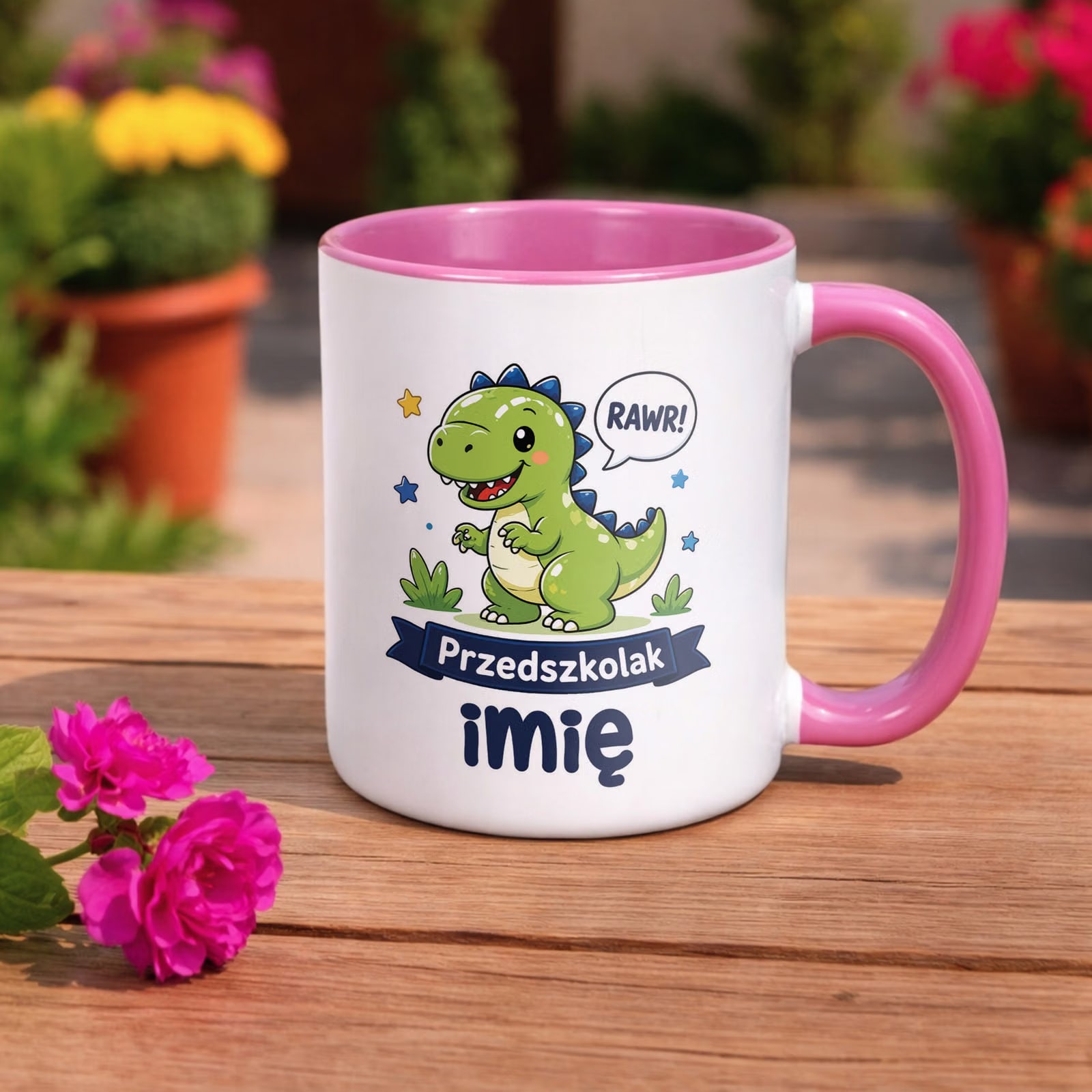 Zestaw Personalizowany Kubek Różowy Poduszka Przedszkolak Dinozaur