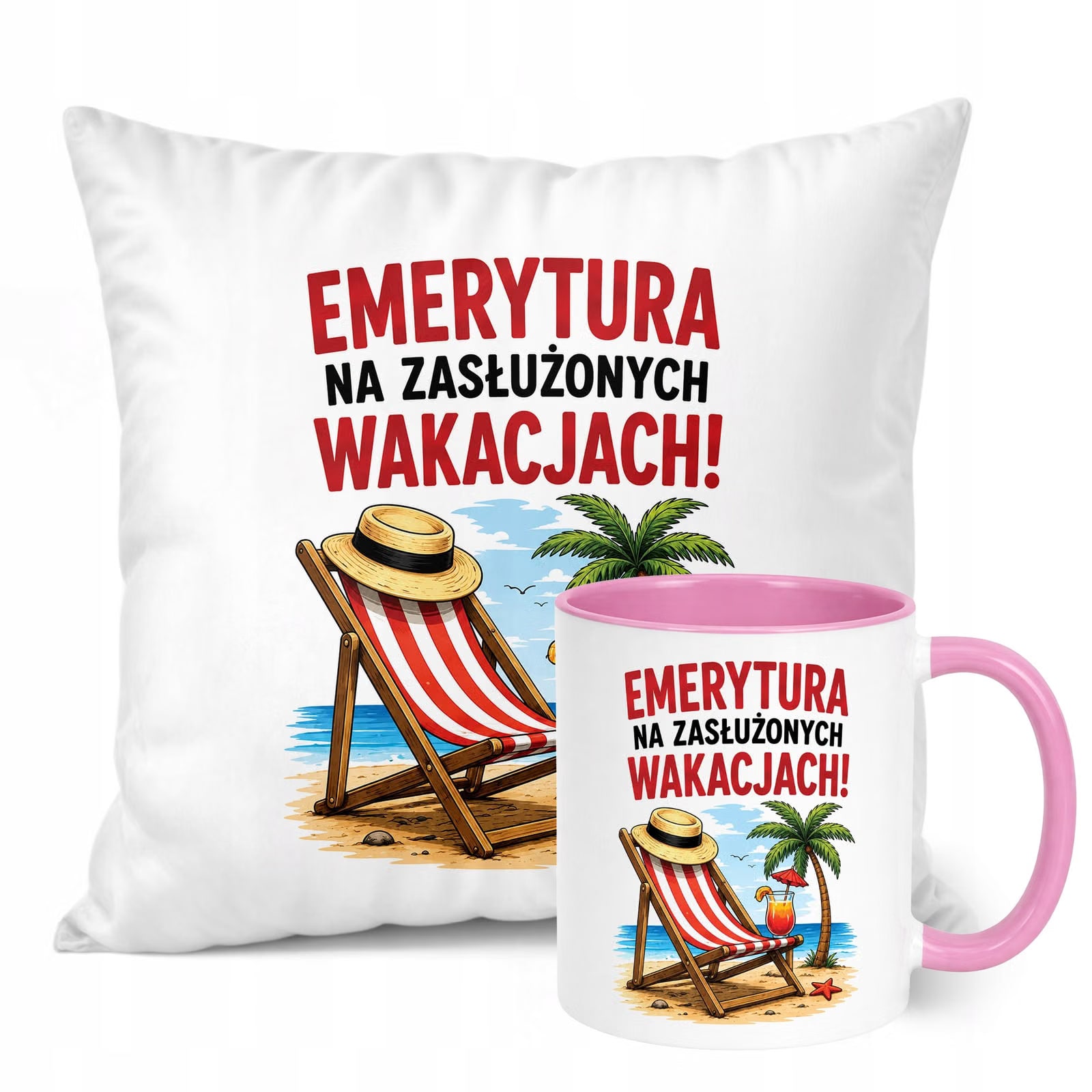 Zestaw Kubek Różowy Poduszka Z Nadrukiem Emerytura Prezent