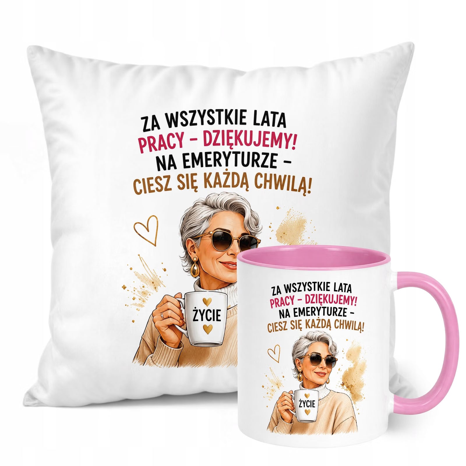 Zestaw Kubek Różowy Poduszka Z Nadrukiem Emerytura Dla Emerytki Prezent