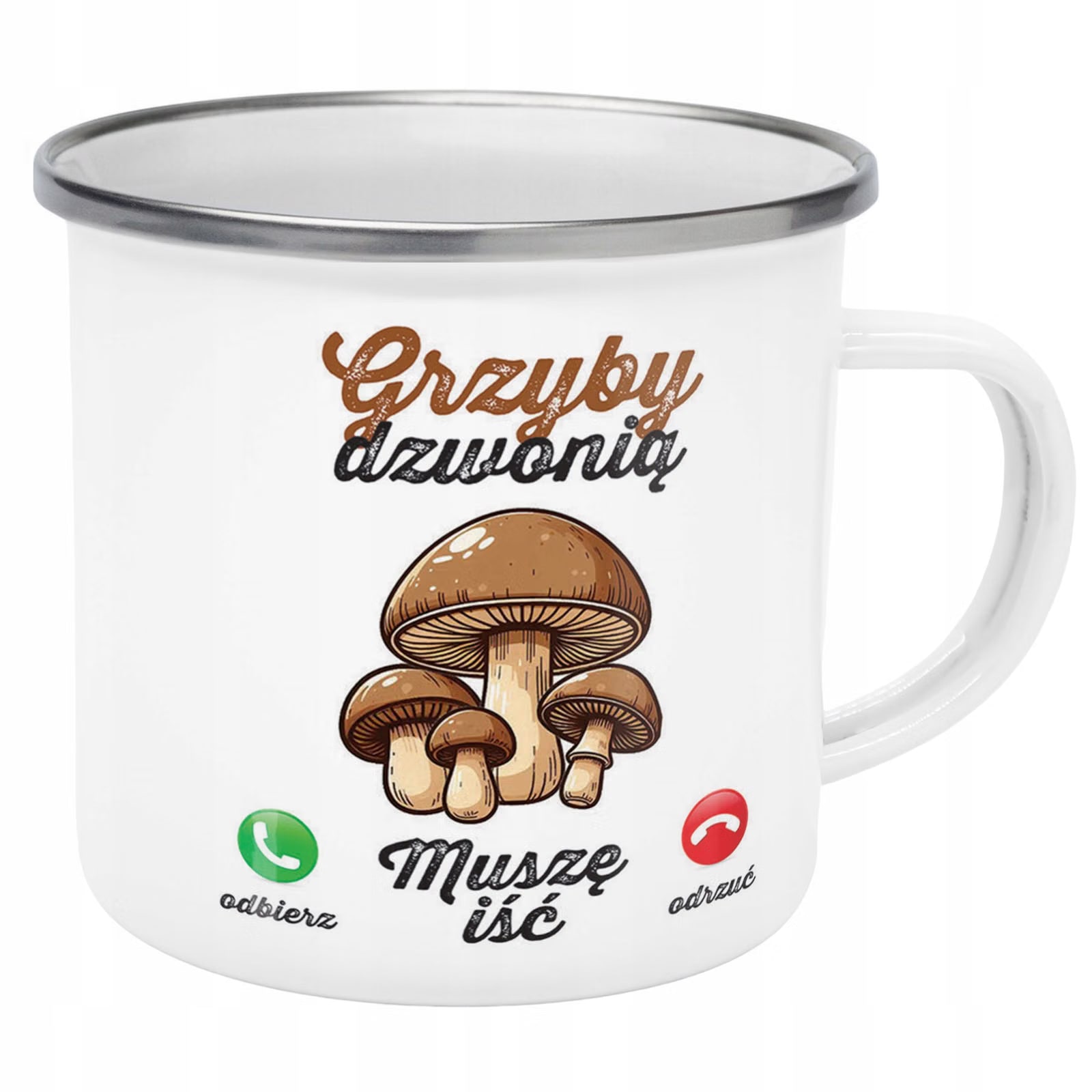 Kubek Emaliowany Grzyby Dzwonią Dla Grzybiarzy z Nadrukiem Biały Metalowy