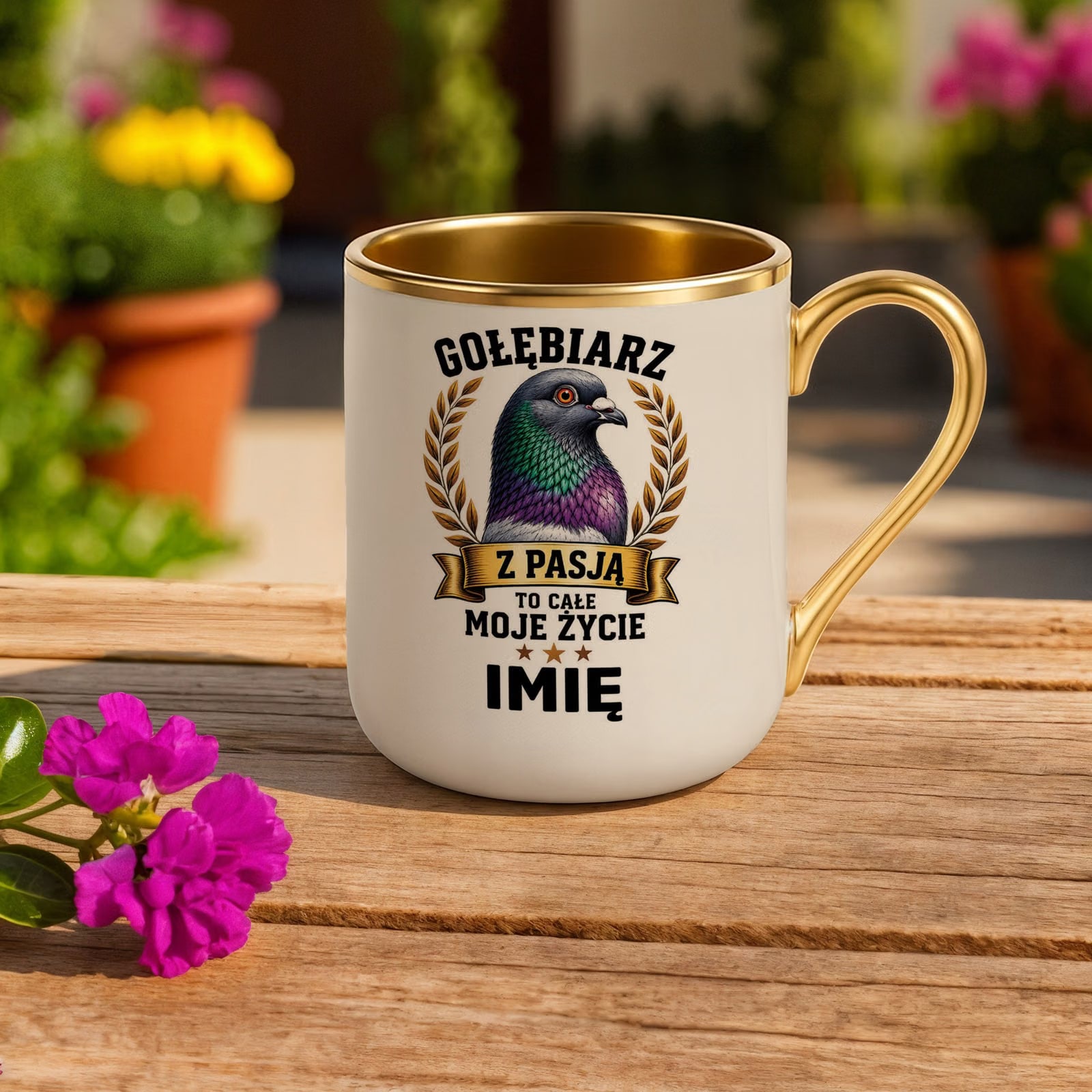 Kubek Personalizowany z nadrukiem Premium Złoty Ecru Dla Gołębiarza Prezent