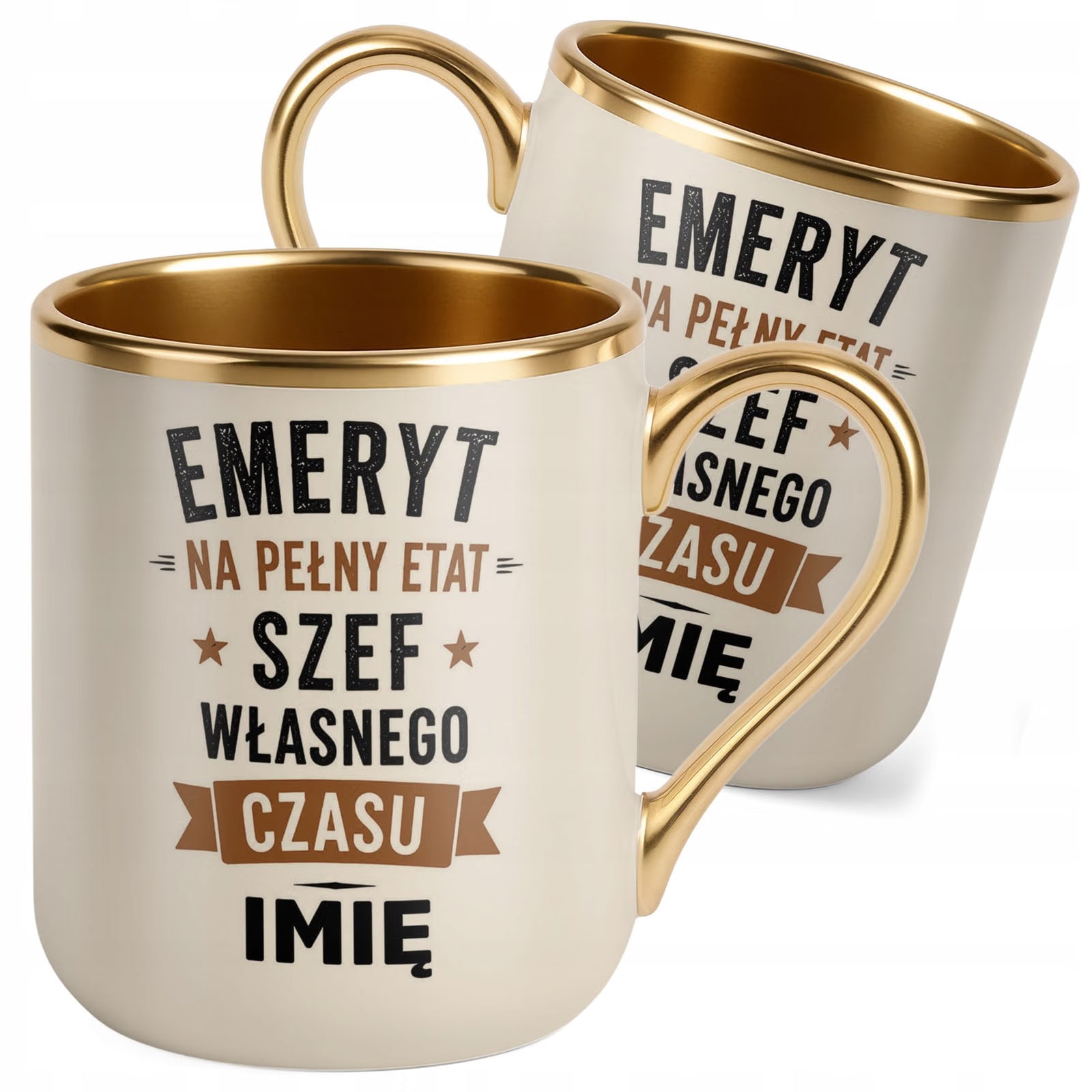 Kubek Personalizowany z nadrukiem Premium Złoty Ecru Emerytura Prezent
