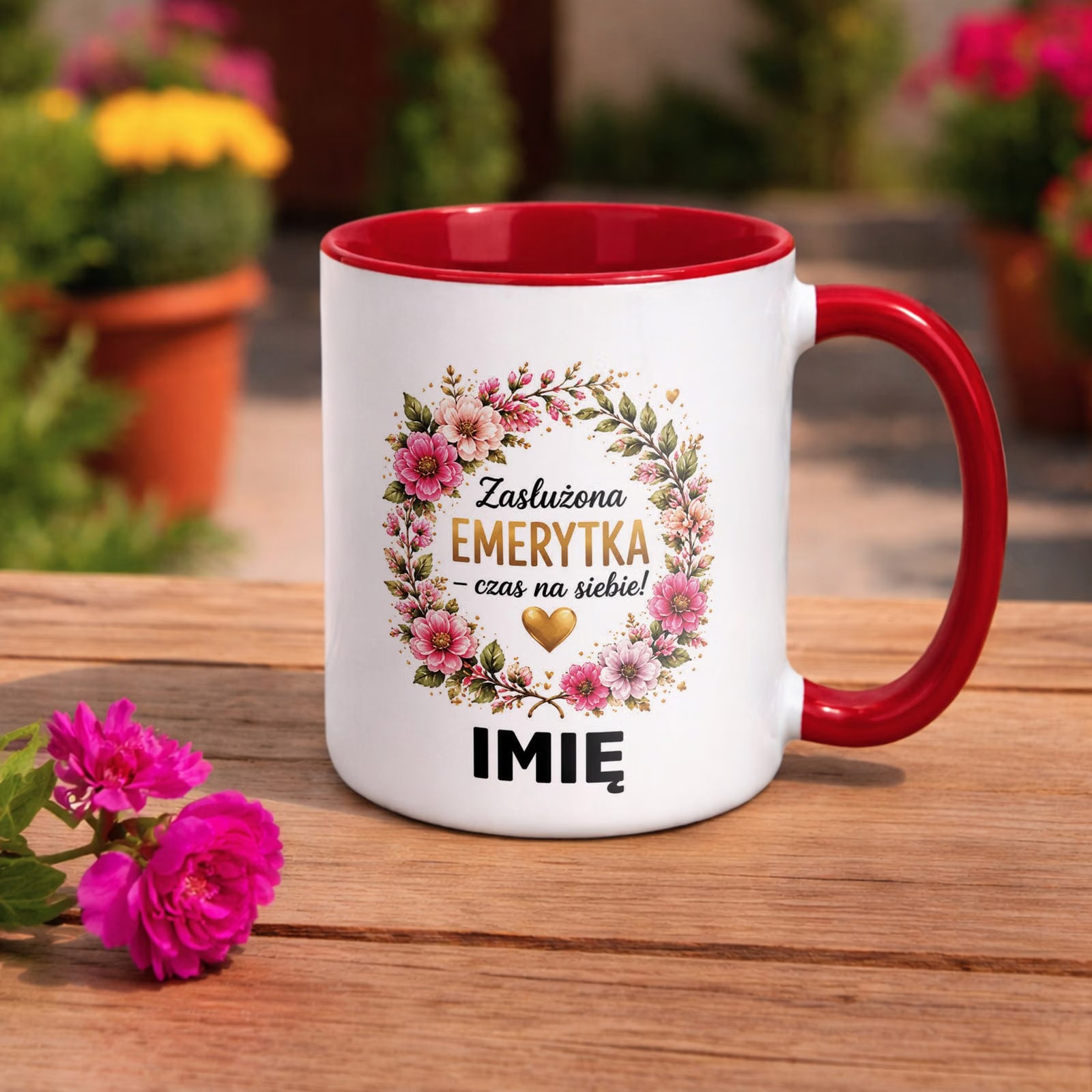 Kubek Czerwony Personalizowany z Nadrukiem Emerytura Dla Emerytki Prezent