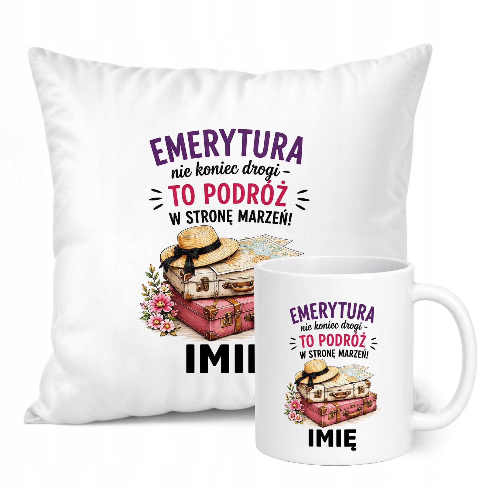Zestaw Personalizowany Kubek Biały Poduszka Emerytura Dla Emerytki Prezent