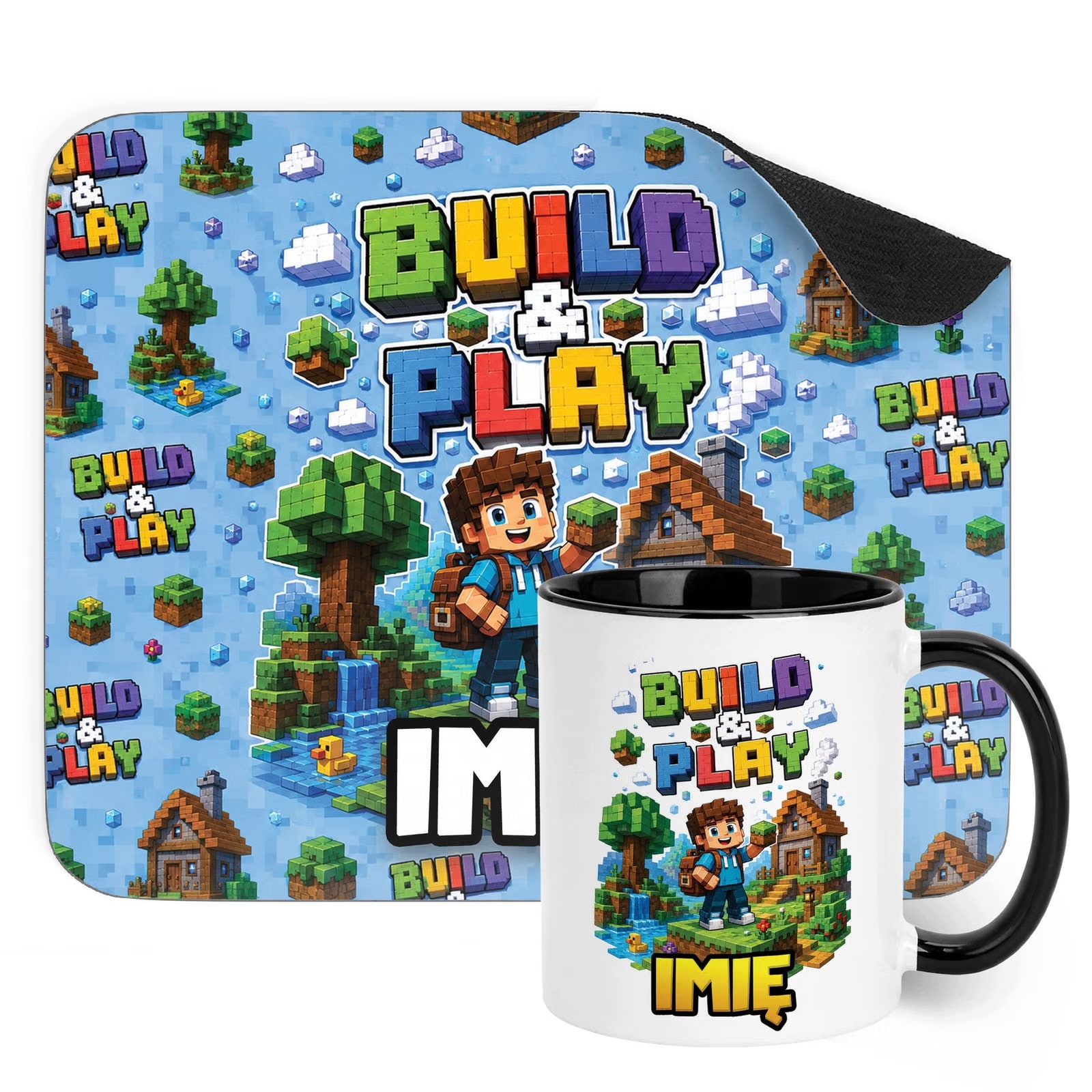 Zestaw personalizowany Kubek Czarny Podkładka pod mysz gra Build&Play
