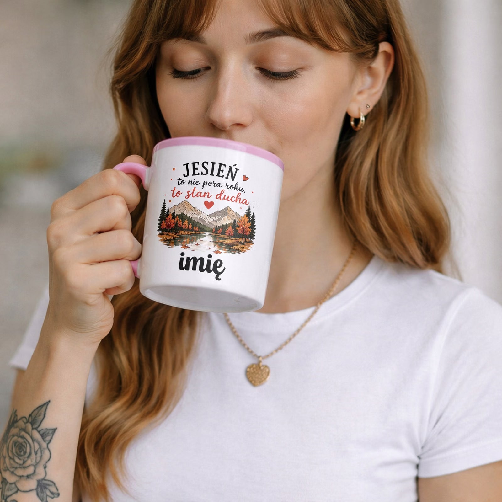 Zestaw Personalizowany Kubek Różowy Poduszka Jesień Jesienny Z Nadrukiem