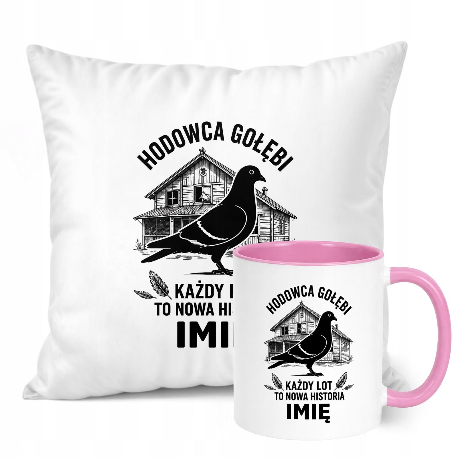 Zestaw Personalizowany Kubek Różowy Poduszka Z Nadrukiem Dla Gołębiarza