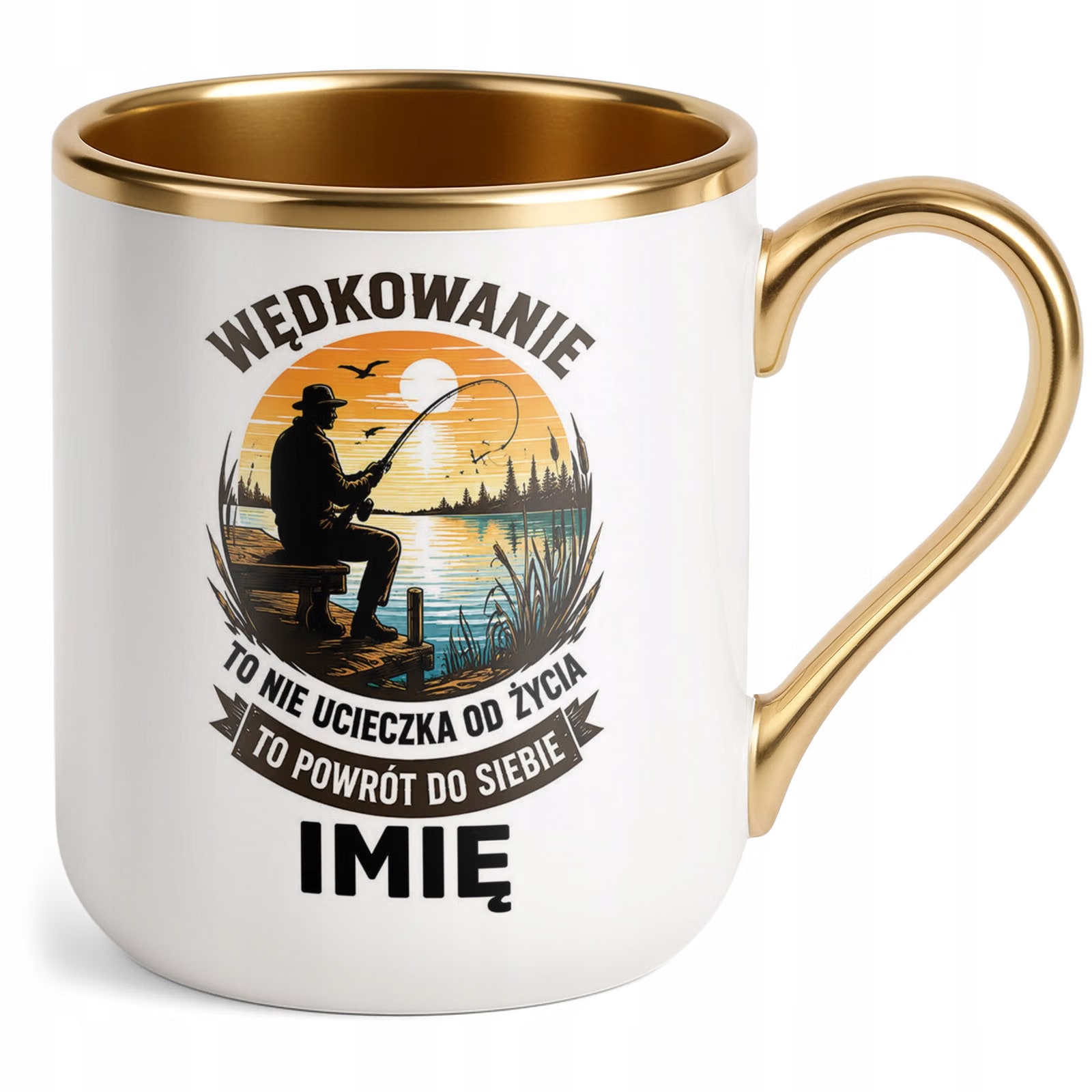 Kubek Personalizowany z nadrukiem Premium Złoty Dla Wędkarza Prezent