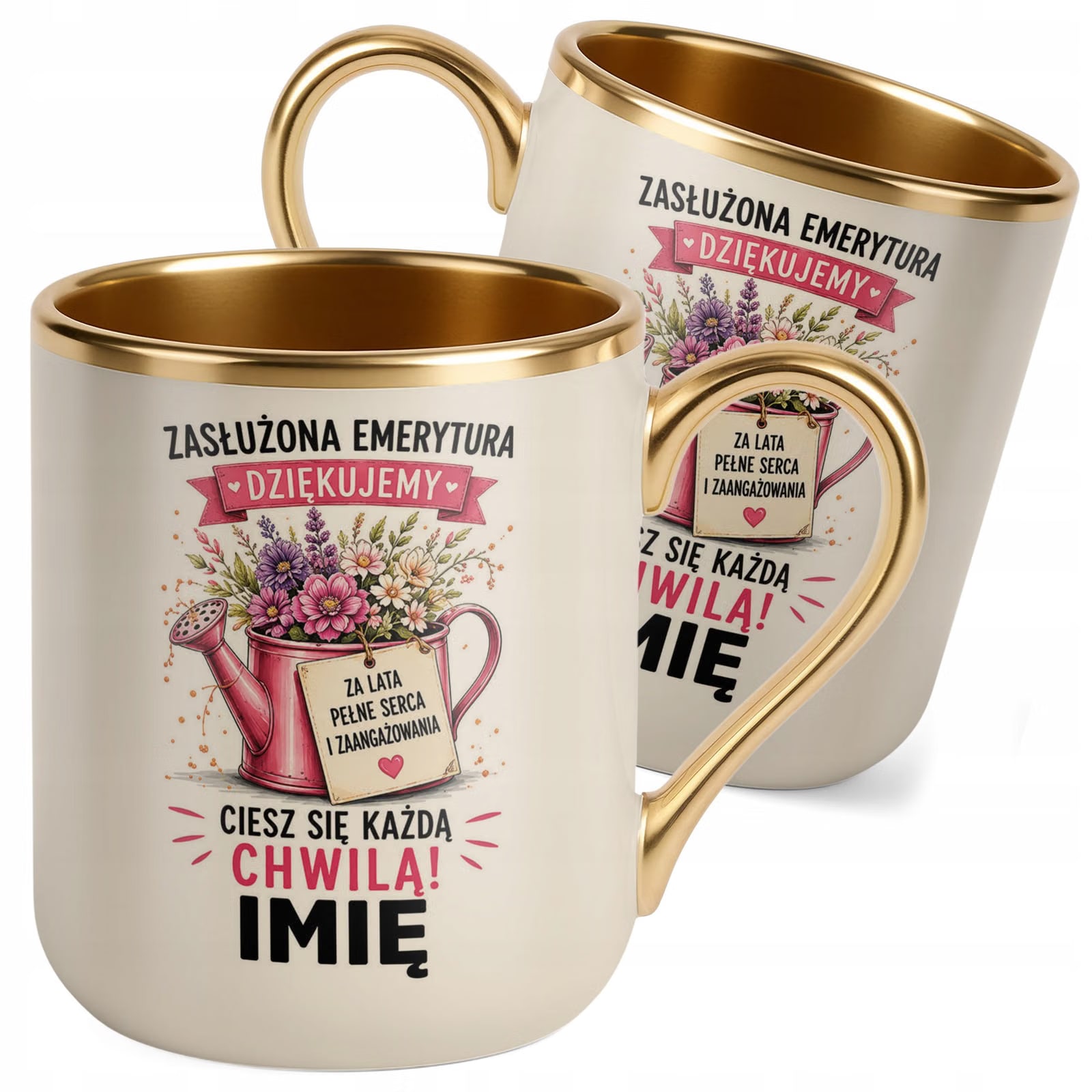 Kubek Personalizowany z nadrukiem Premium Złoty Ecru Emerytura Prezent