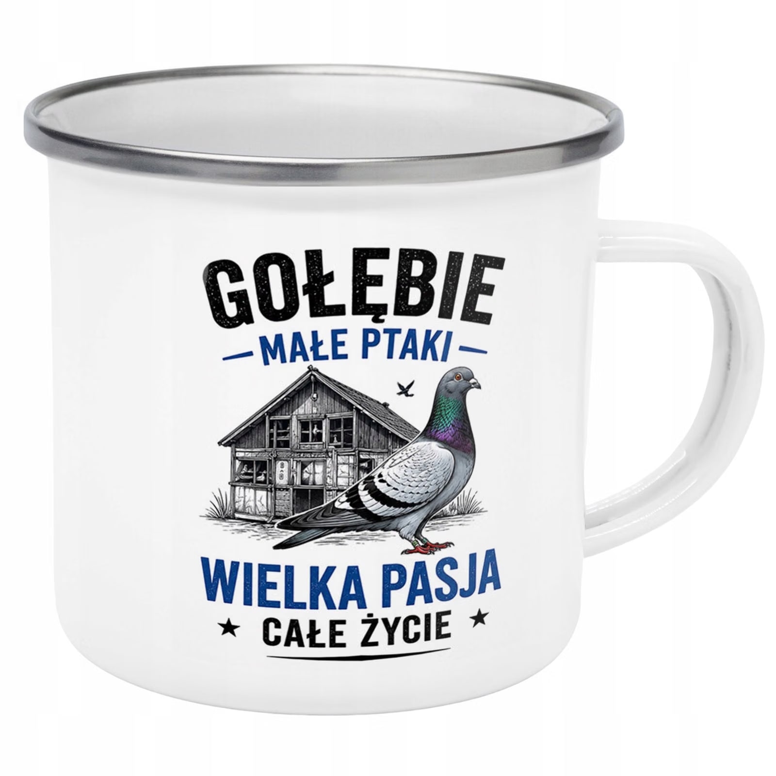 Kubek Emaliowany Dla Hodowcy Gołębi z Nadrukiem Biały Metalowy Prezent
