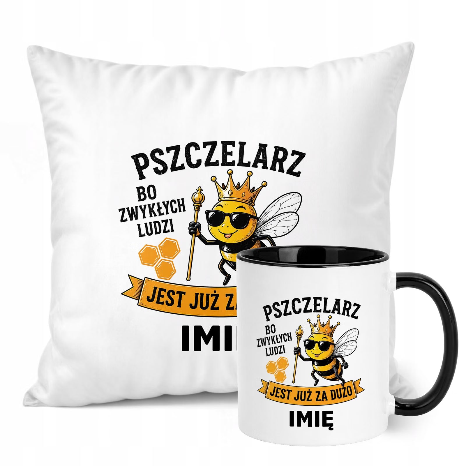 Zestaw Personalizowany Kubek Czarny Poduszka Z Nadrukiem Dla Pszczelarza