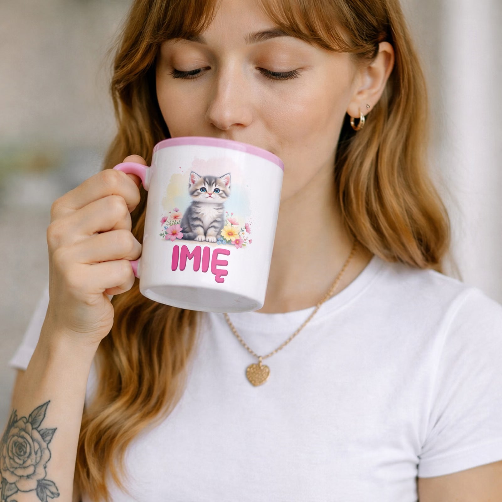 Kubek Różowy Personalizowany Kot Kotek Zwierzak Słodki Dla Dzieci