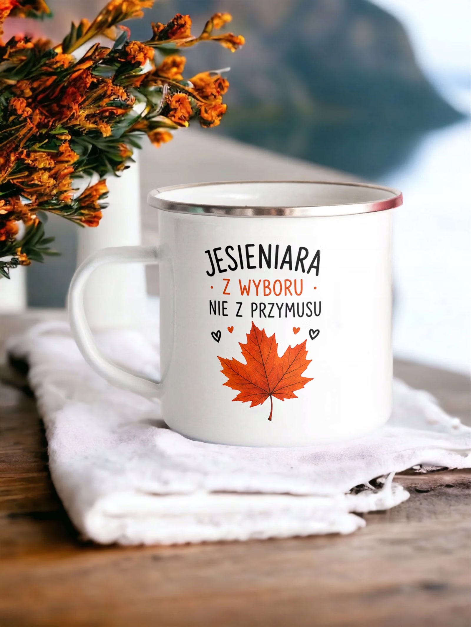 Kubek Emaliowany Jesienny Jesień z Nadrukiem Biały Metalowy Prezent