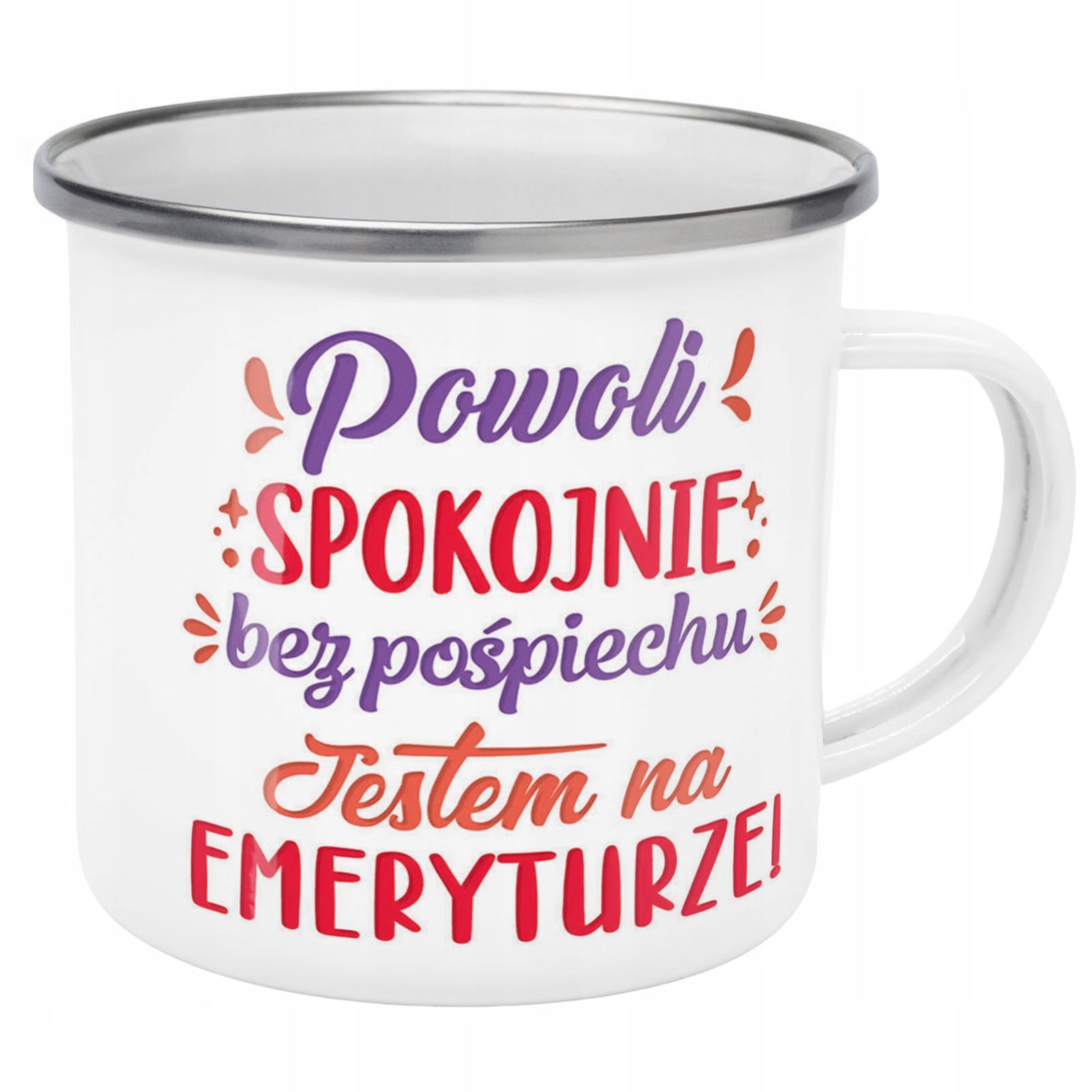 Kubek Emaliowany z okazji Emerytury Dla Emeryta z Nadrukiem Biały Metalowy