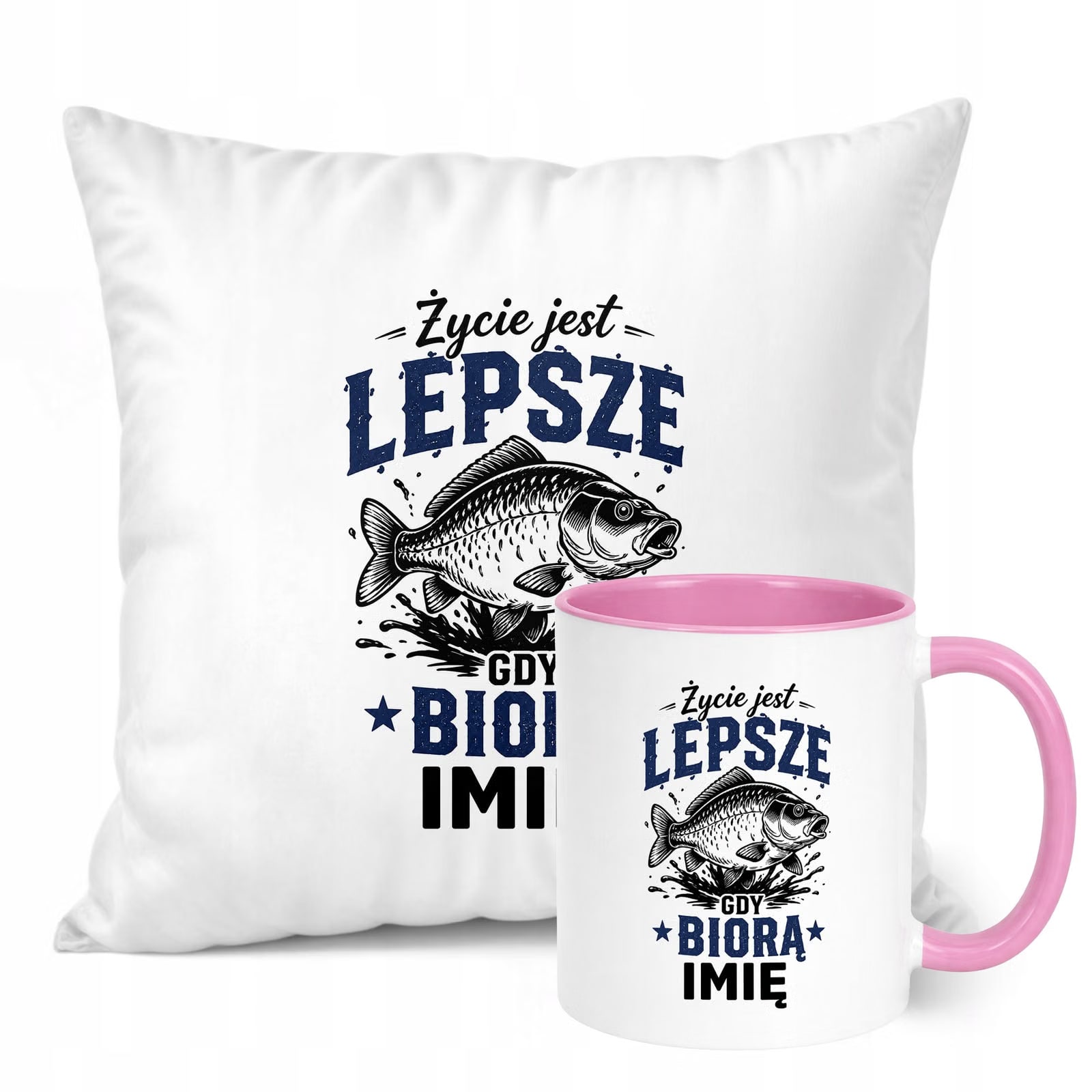 Zestaw Personalizowany Kubek Różowy Poduszka Z Nadrukiem Dla Wędkarza