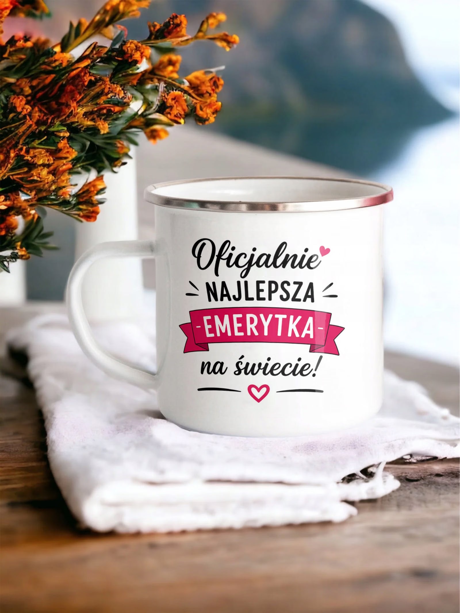 Kubek Emaliowany Emerytura Dla Emerytki z Nadrukiem Biały Metalowy Prezent