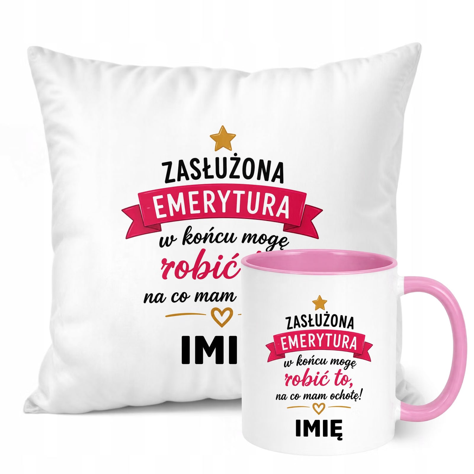 Zestaw Personalizowany Kubek Różowy Poduszka Emerytura Upominek Prezent