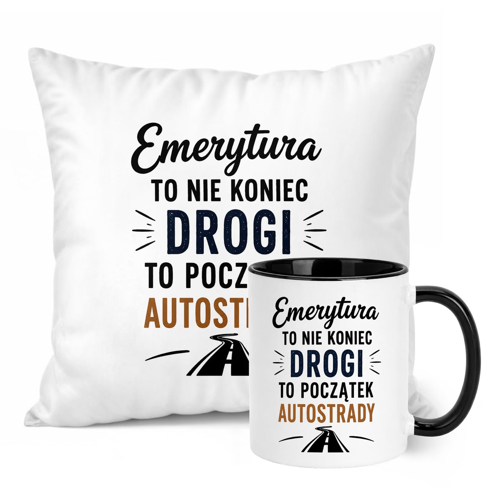 Zestaw Kubek Czarny Poduszka Z Nadrukiem Emerytura Dla Emeryta Prezent