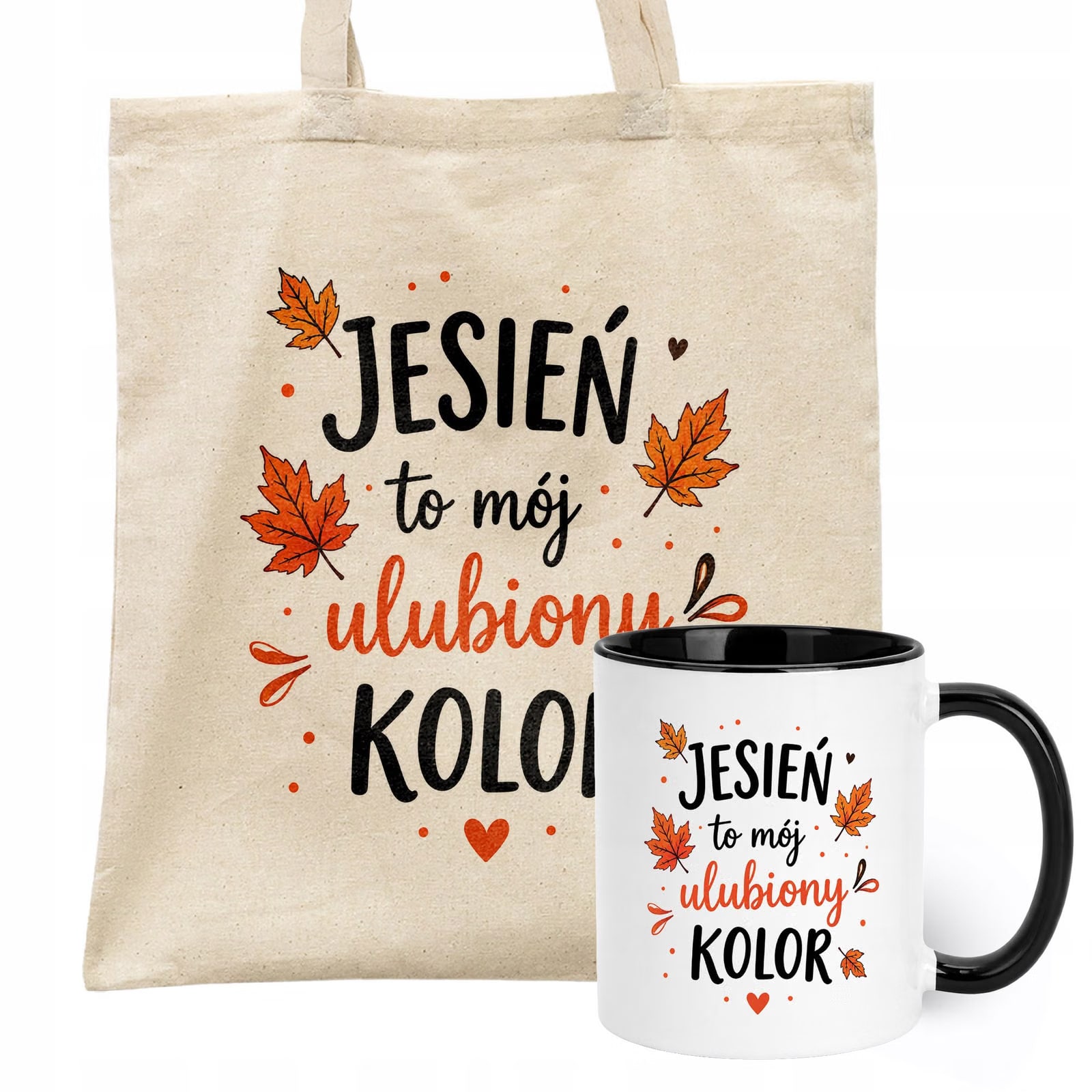 Zestaw Kubek Czarny Torba Shopper Ecru Z Nadrukiem Jesień Jesienny