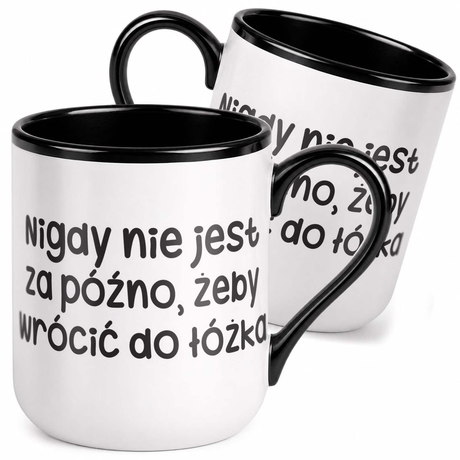Kubek z nadrukiem Premium Czarny Nigdy Nie Jest Za Późno Upominek Prezent