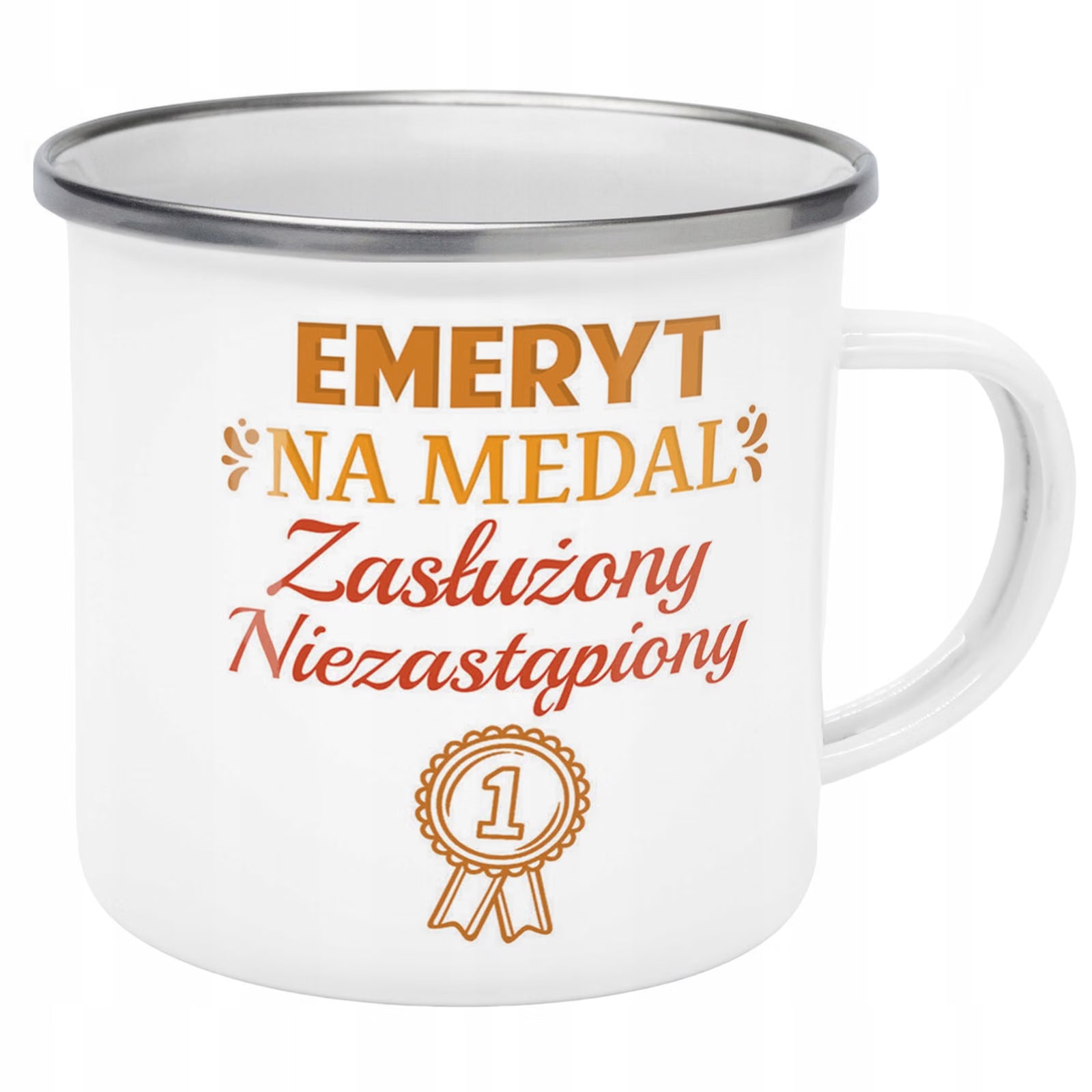 Kubek Emaliowany z okazji Emerytury Dla Emeryta z Nadrukiem Biały Metalowy