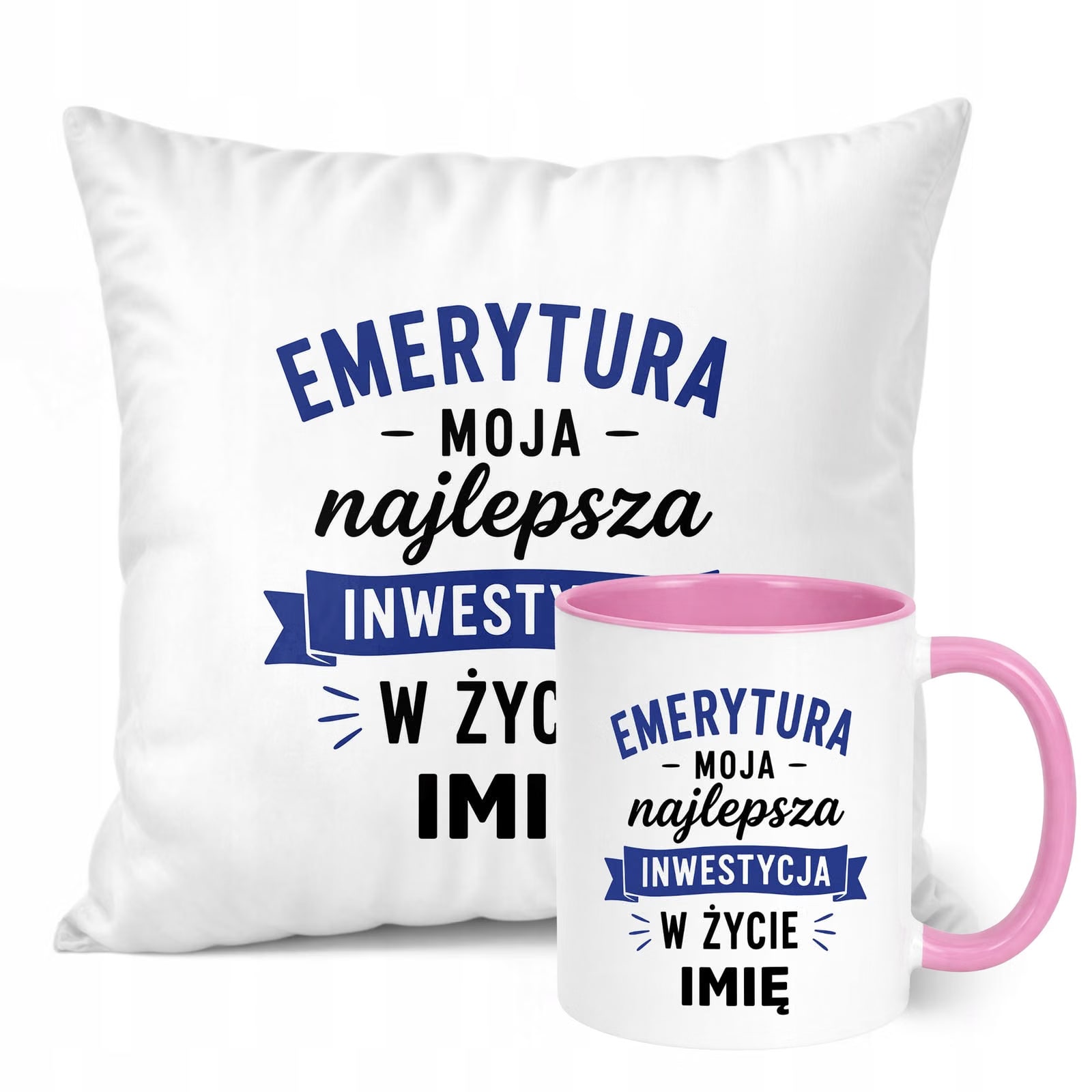 Zestaw Personalizowany Kubek Różowy Poduszka Emerytura Upominek Prezent