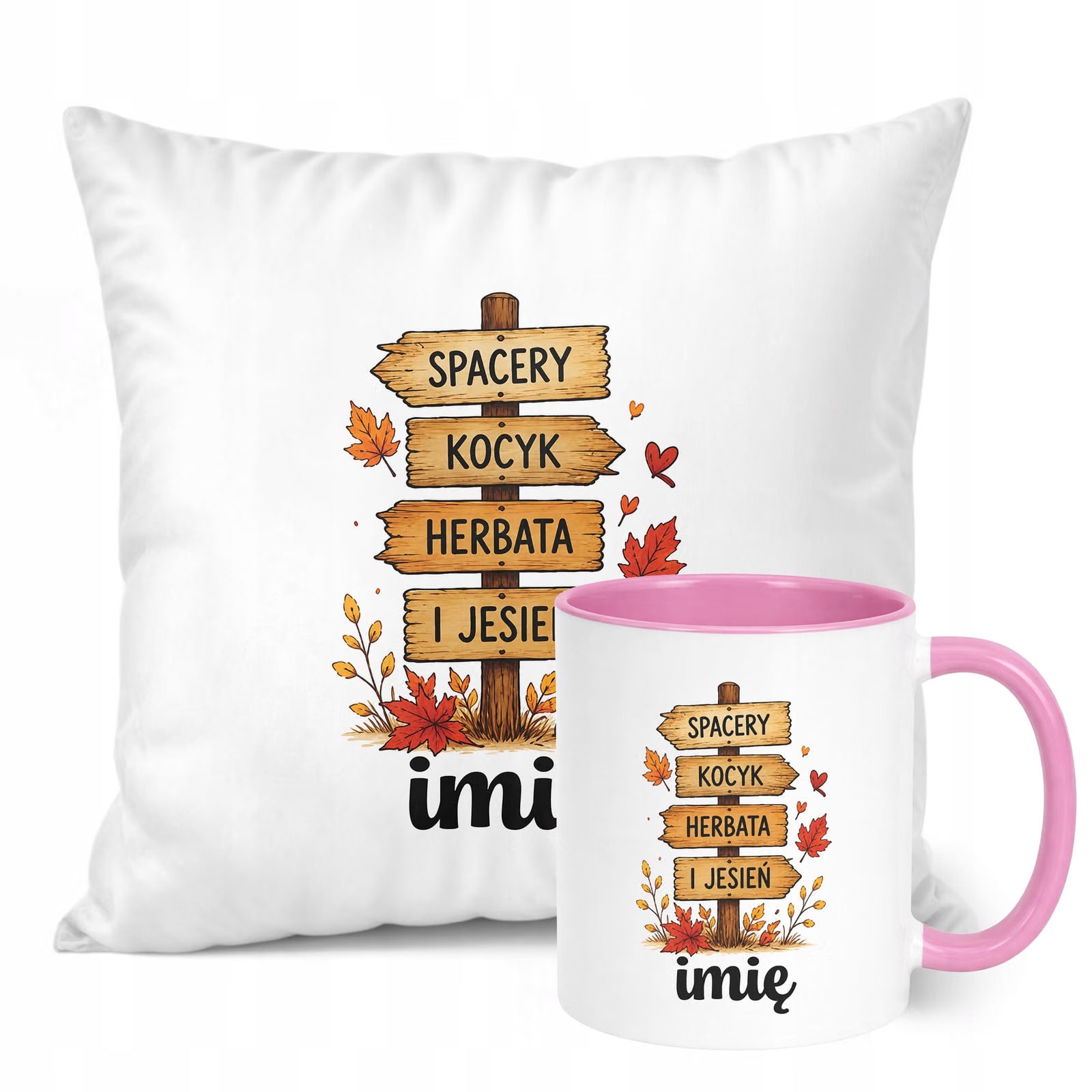 Zestaw Personalizowany Kubek Różowy Poduszka Jesień Jesienny Z Nadrukiem