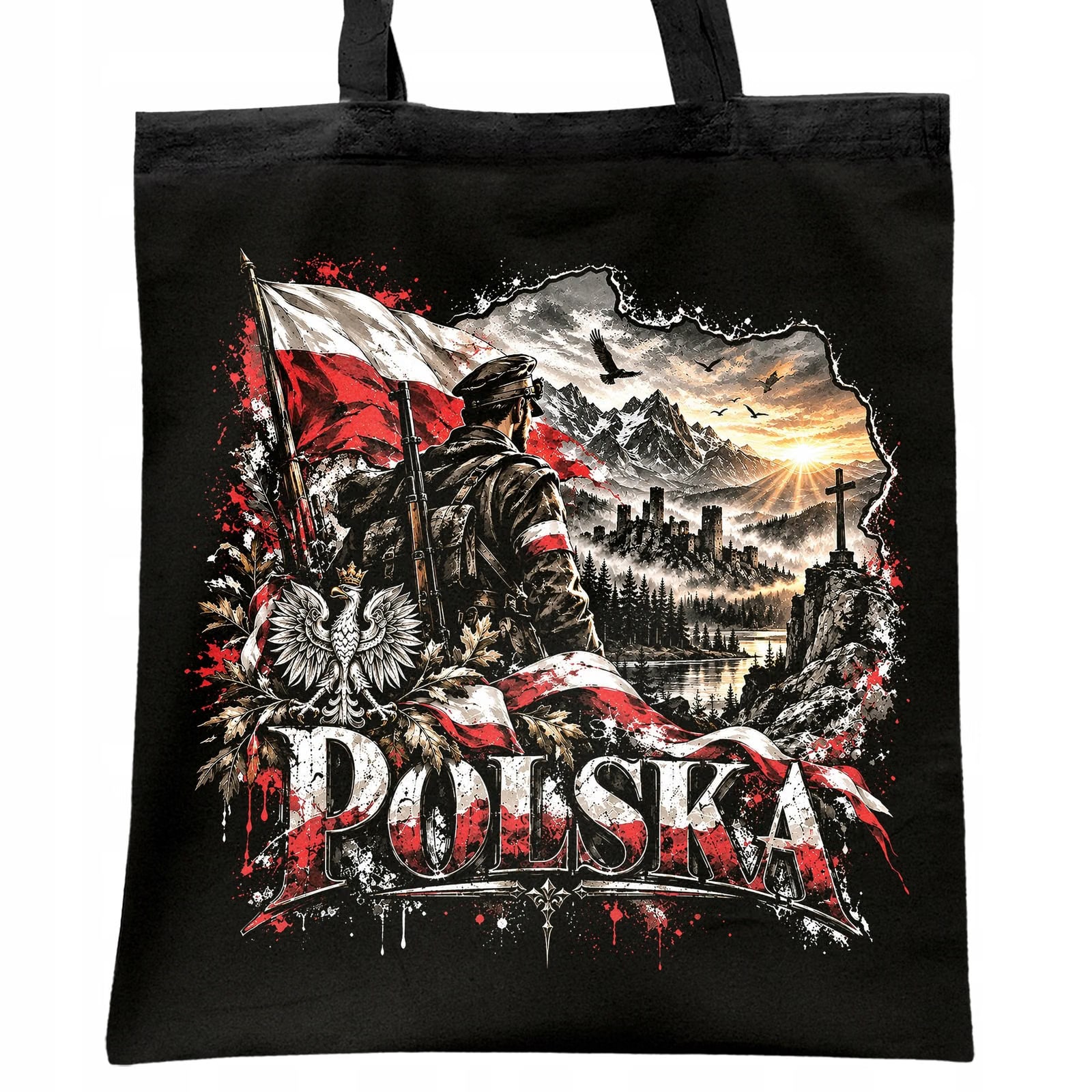 Torba shopper czarna patriotyczna święto niepodległości z nadrukiem