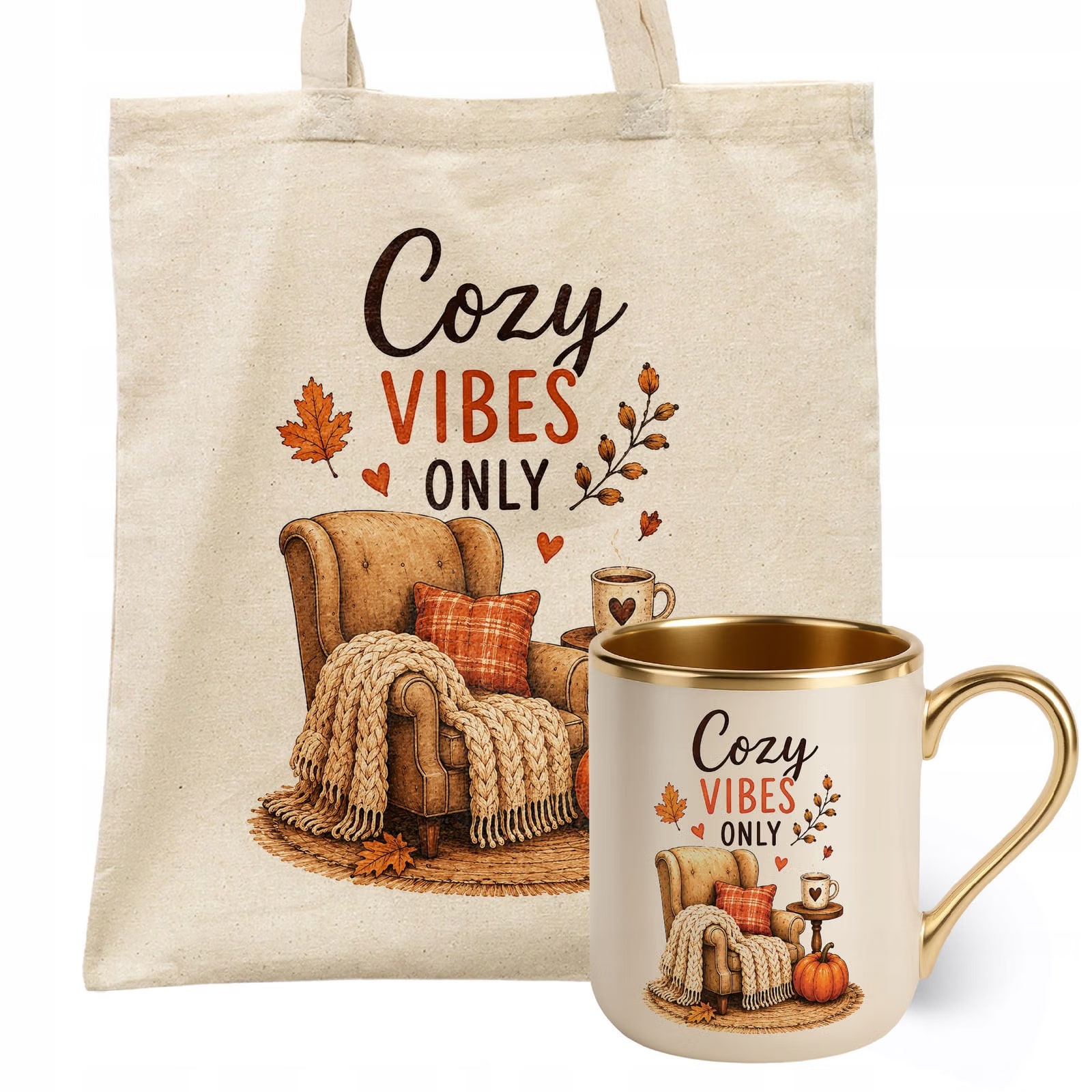 Zestaw Kubek Premium Złoty Ecru Torba Shopper Ecru Z Nadrukiem Jesień