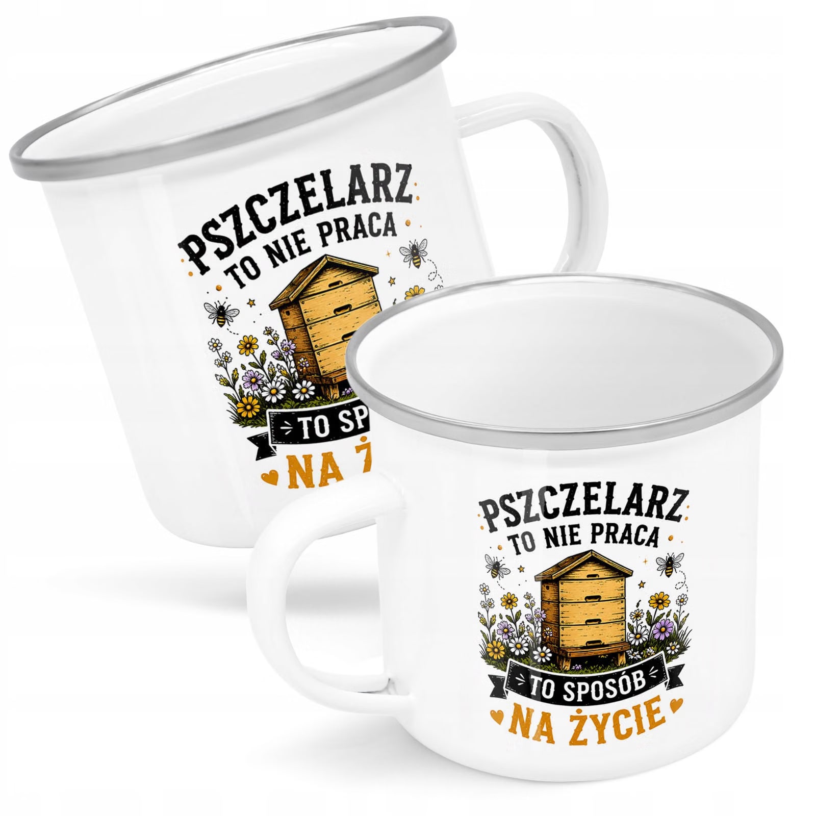 Kubek Emaliowany Dla Pszczelarza z Nadrukiem Biały Metalowy Prezent