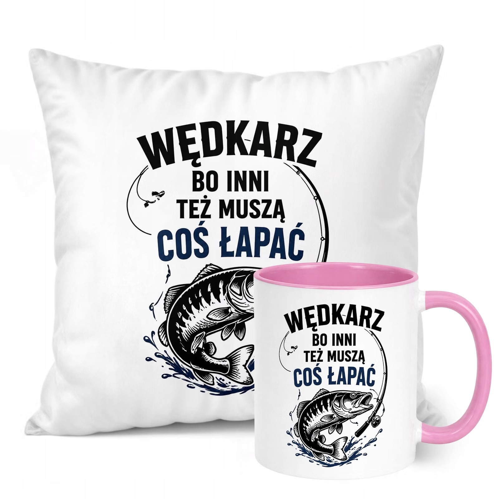 Zestaw Kubek Różowy Poduszka Z Nadrukiem Dla Wędkarza Prezent