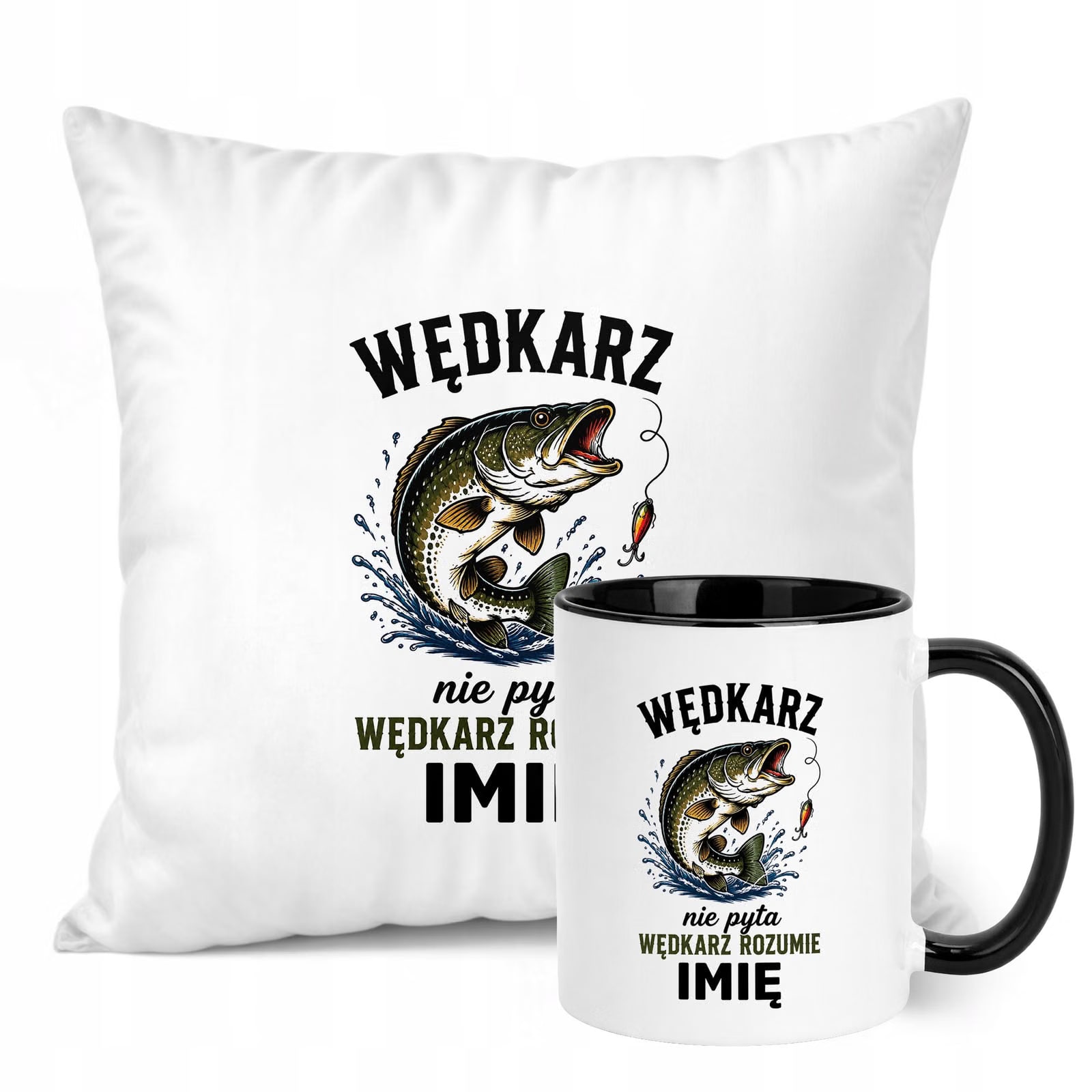 Zestaw Personalizowany Kubek Czarny Poduszka Z Nadrukiem Dla Wędkarza