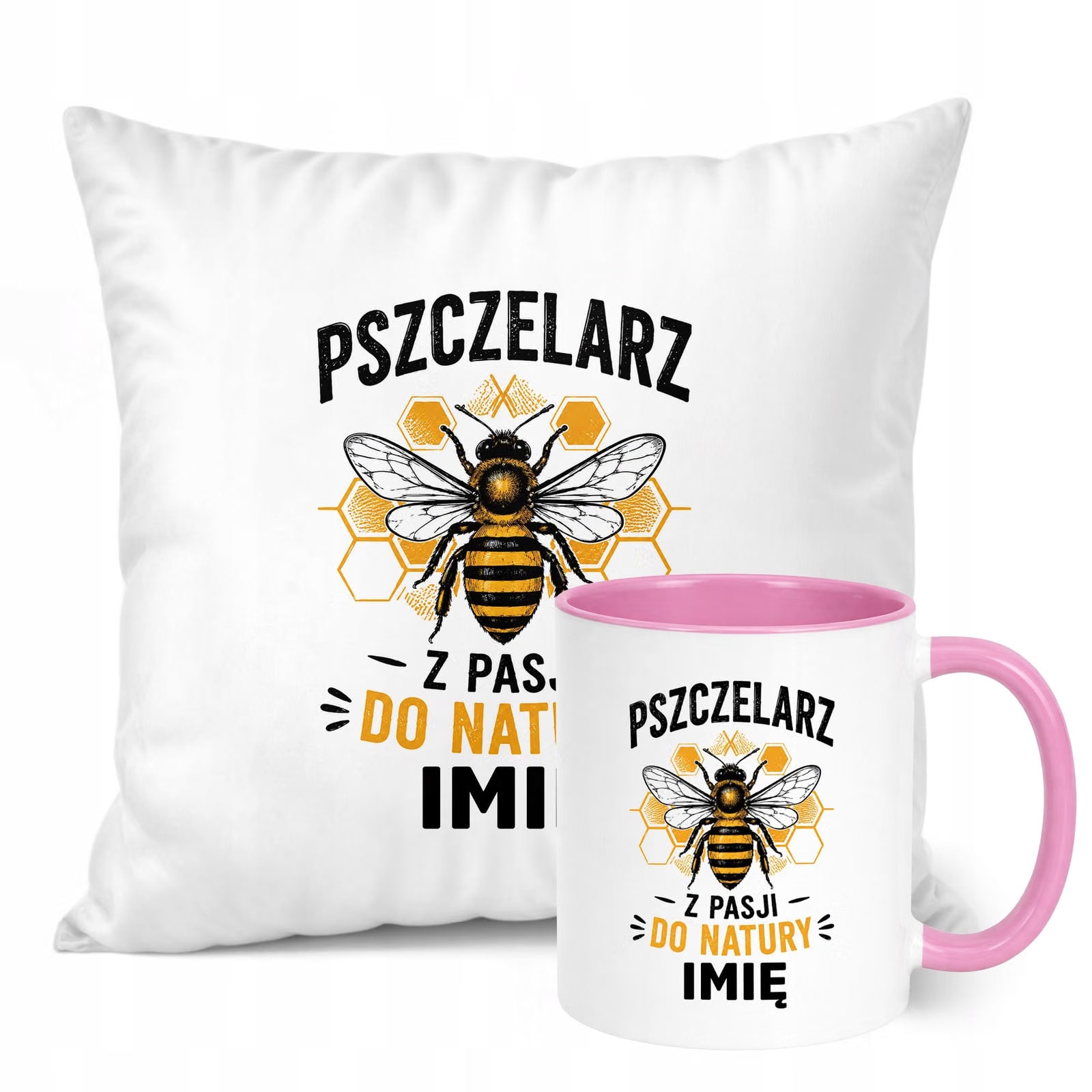 Zestaw Personalizowany Kubek Różowy Poduszka Z Nadrukiem Dla Pszczelarza