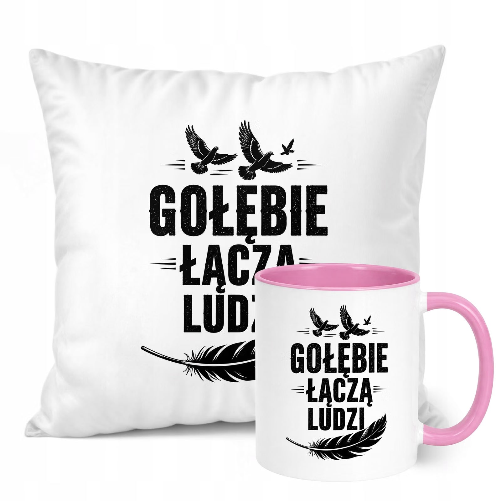 Zestaw Kubek Różowy Poduszka Z Nadrukiem Dla Gołębiarza Prezent