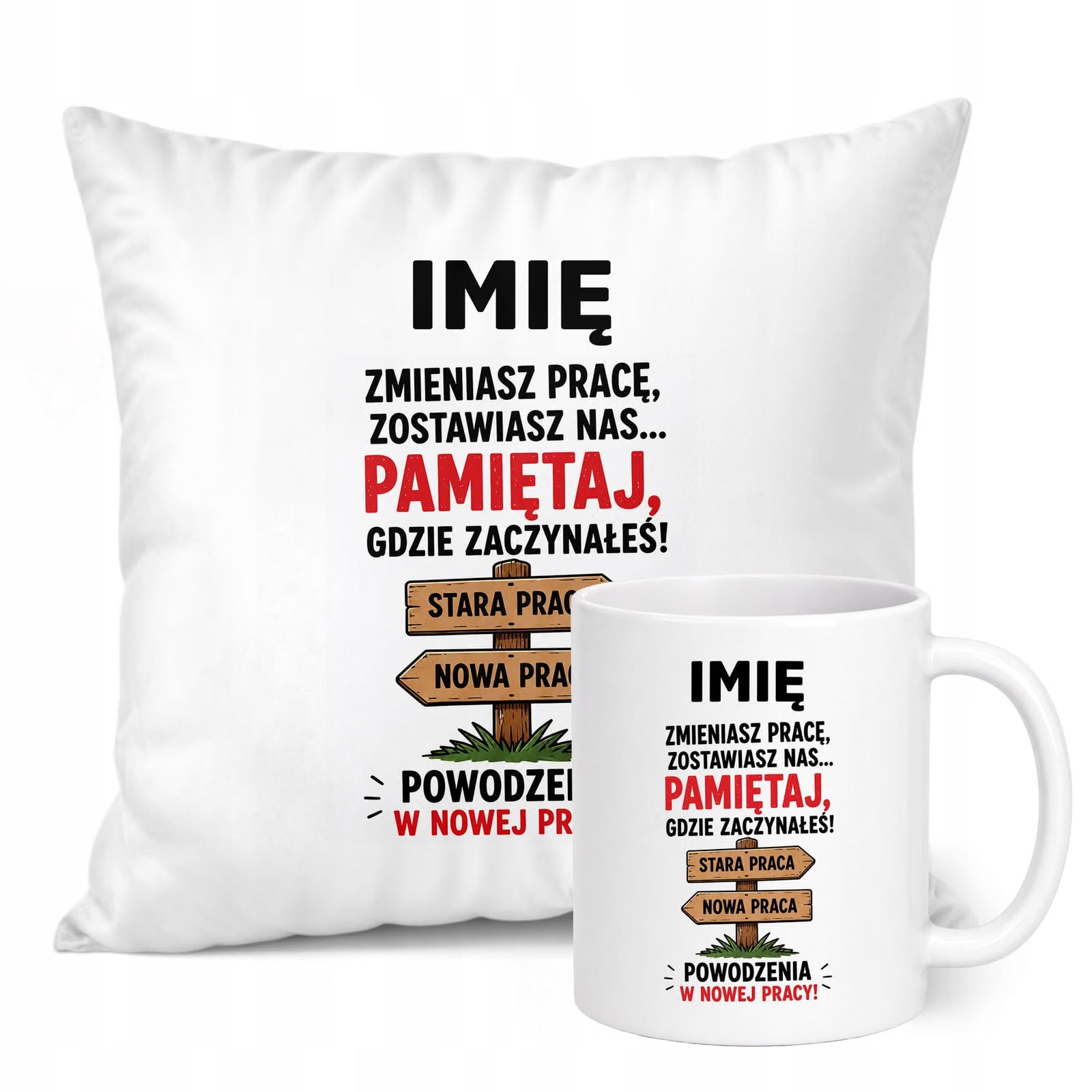 Zestaw Personalizowany Kubek Biały Poduszka Odejście z Pracy Prezent
