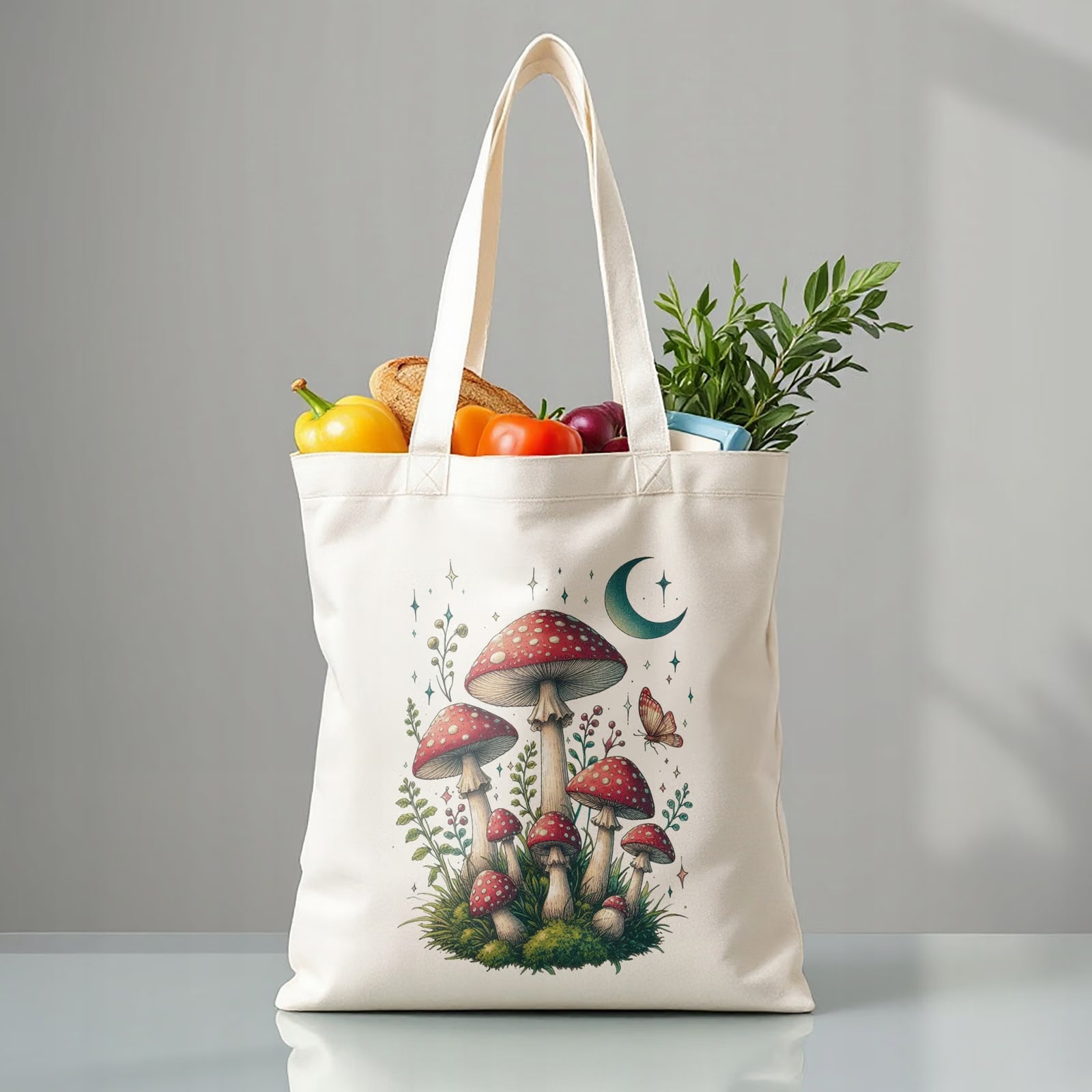 Torba bawełniana premium na zakupy Grzyby Księżyc Botaniczny Wzór Prezent