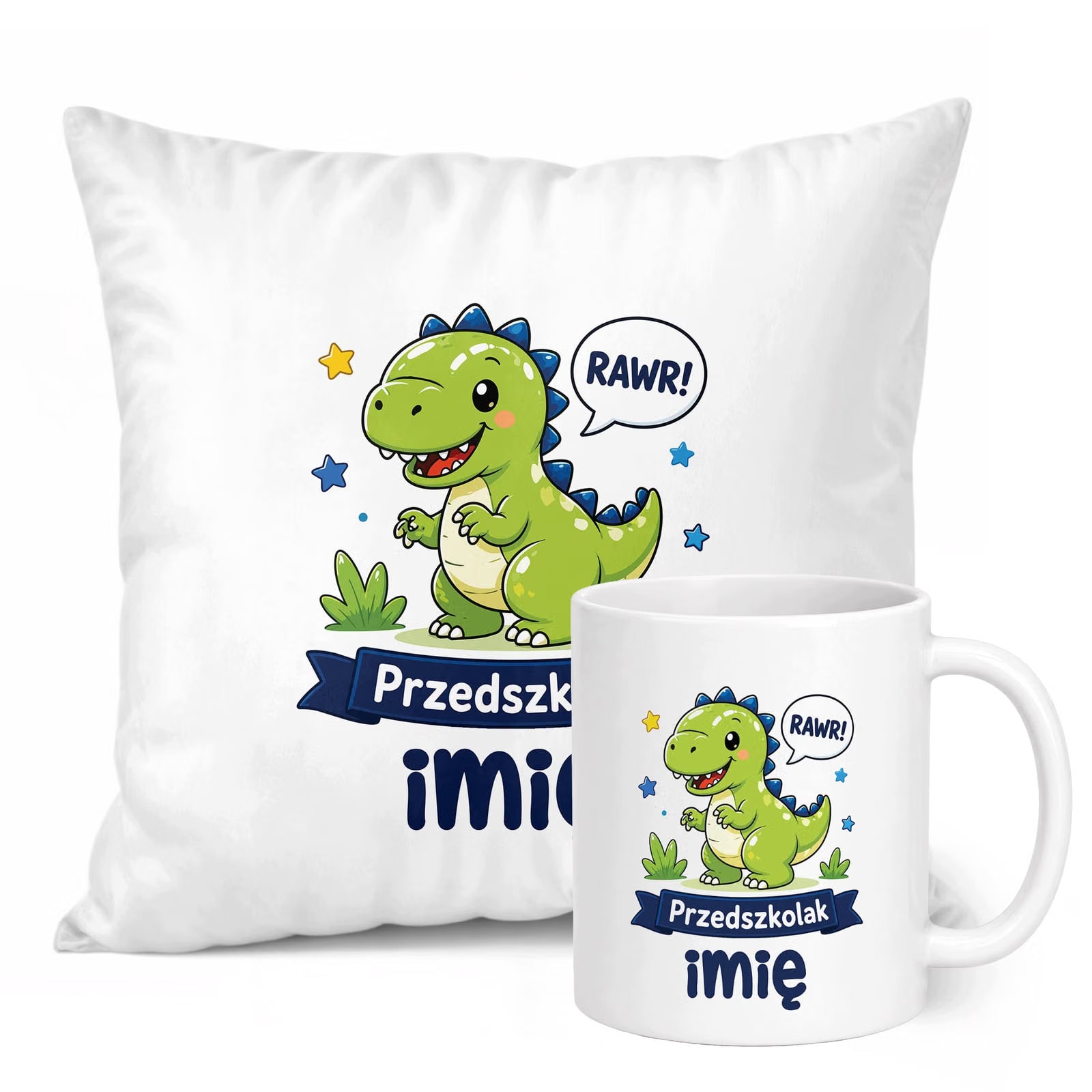 Zestaw Personalizowany Kubek Biały Poduszka Przedszkolak Dinozaur