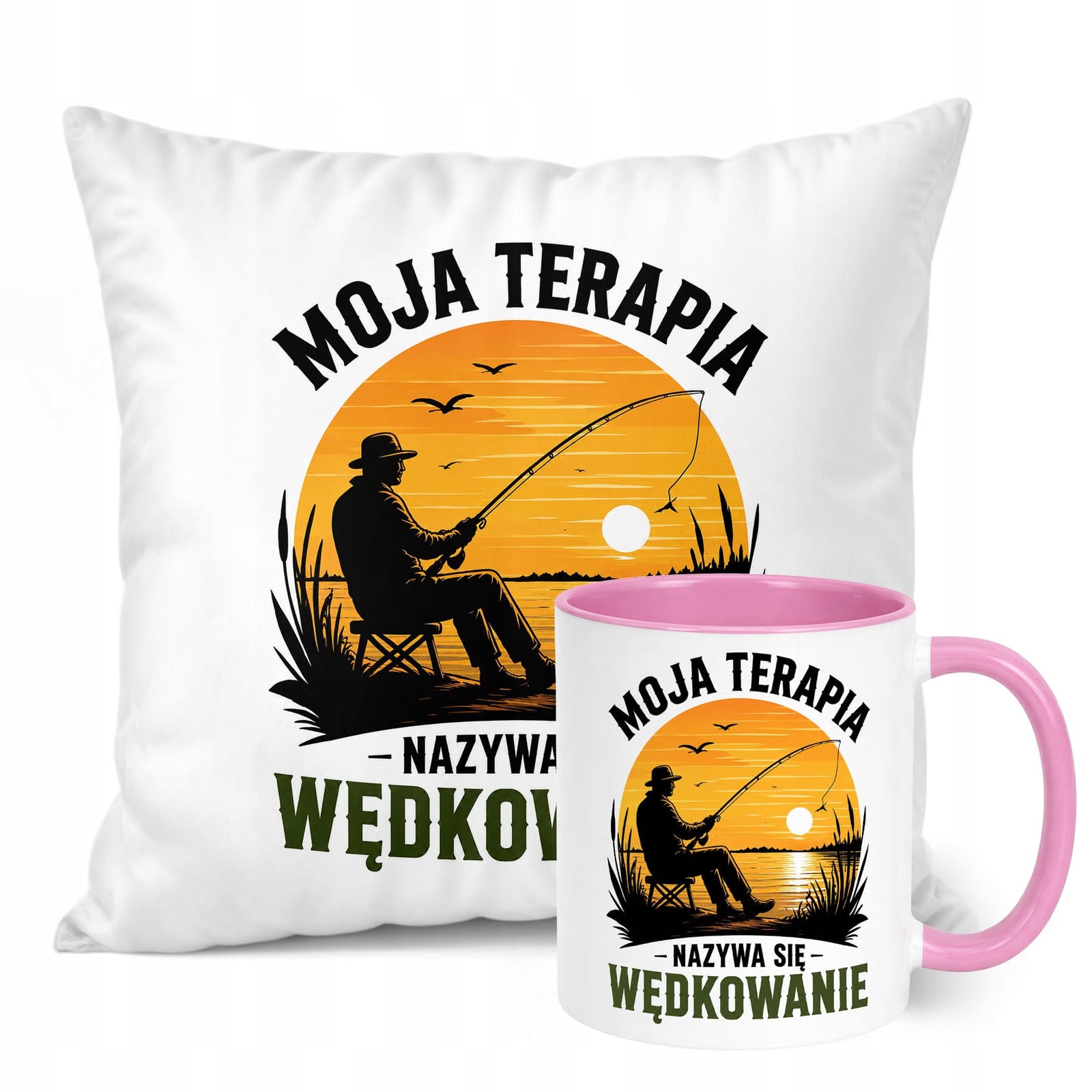 Zestaw Kubek Różowy Poduszka Z Nadrukiem Dla Wędkarza Prezent