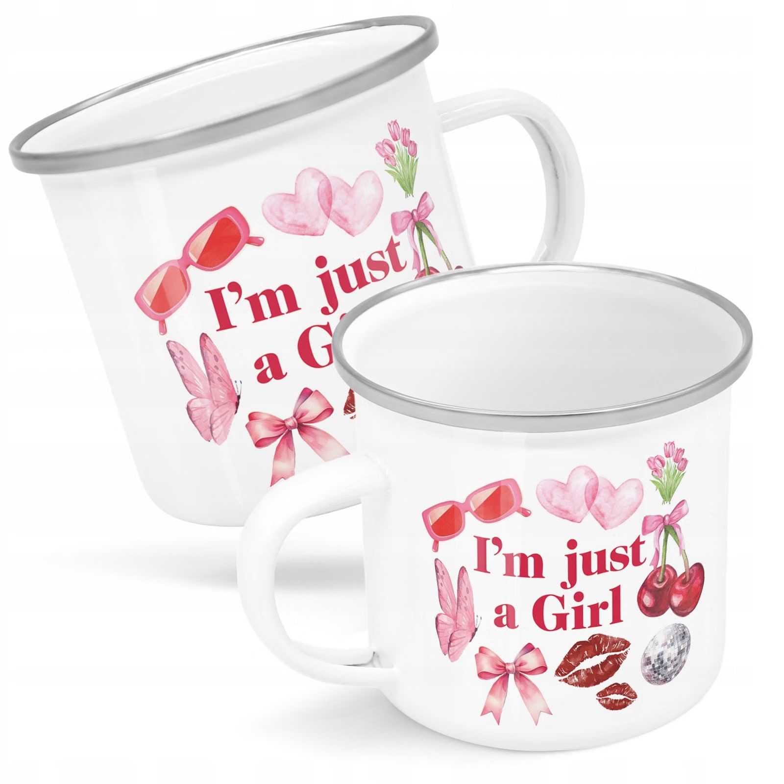 Kubek Emaliowany I’m Just A Girl Dla Dziewczyny z Nadrukiem Biały Metalowy