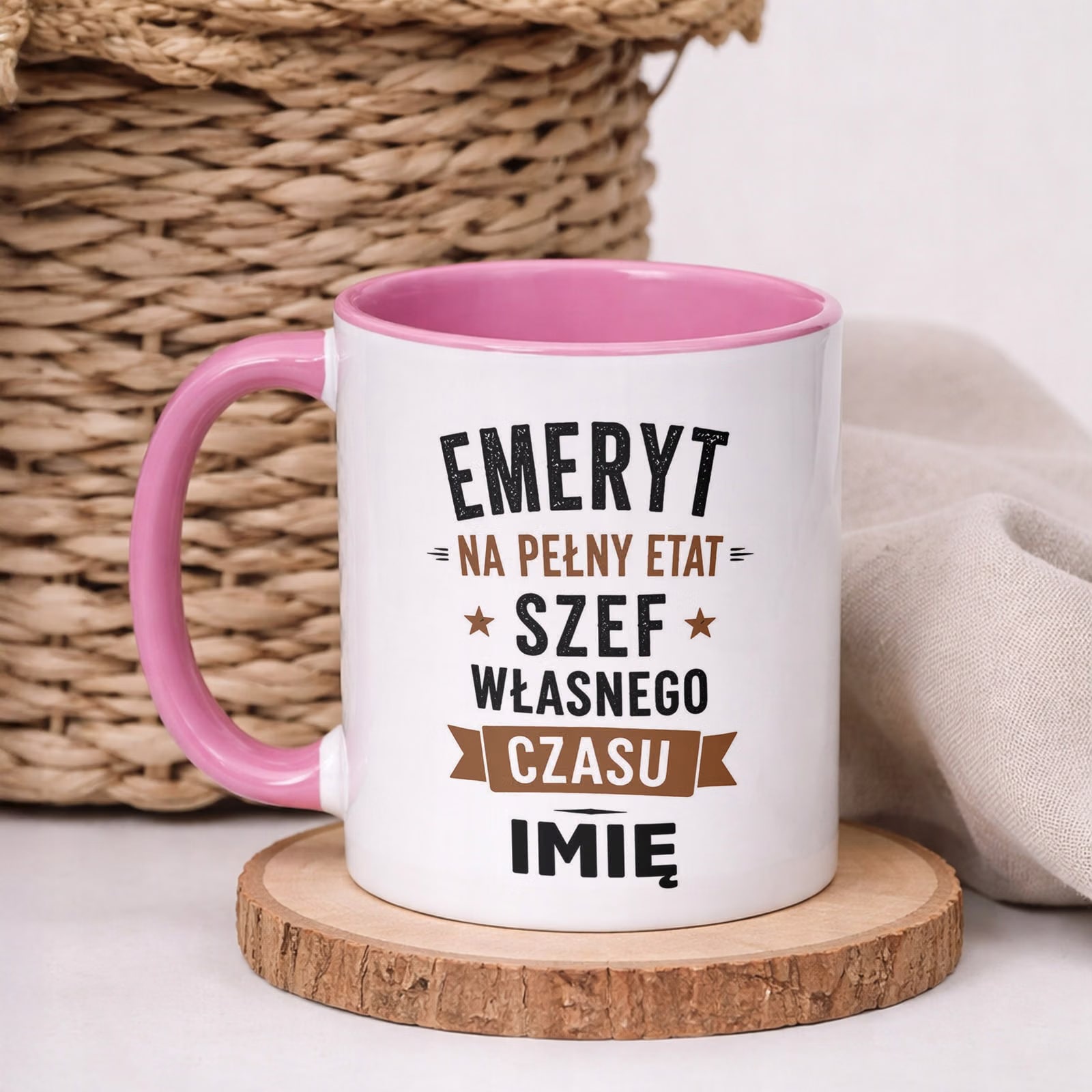 Kubek Różowy Personalizowany z Nadrukiem Emerytura Dla Emeryta Prezent