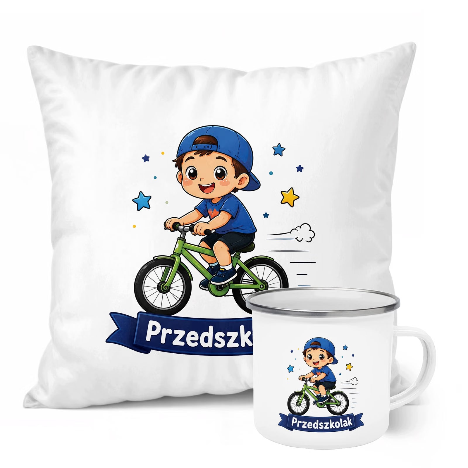Zestaw Kubek Emaliowany Poduszka Z Nadrukiem Przedszkolak Szkoła Prezent