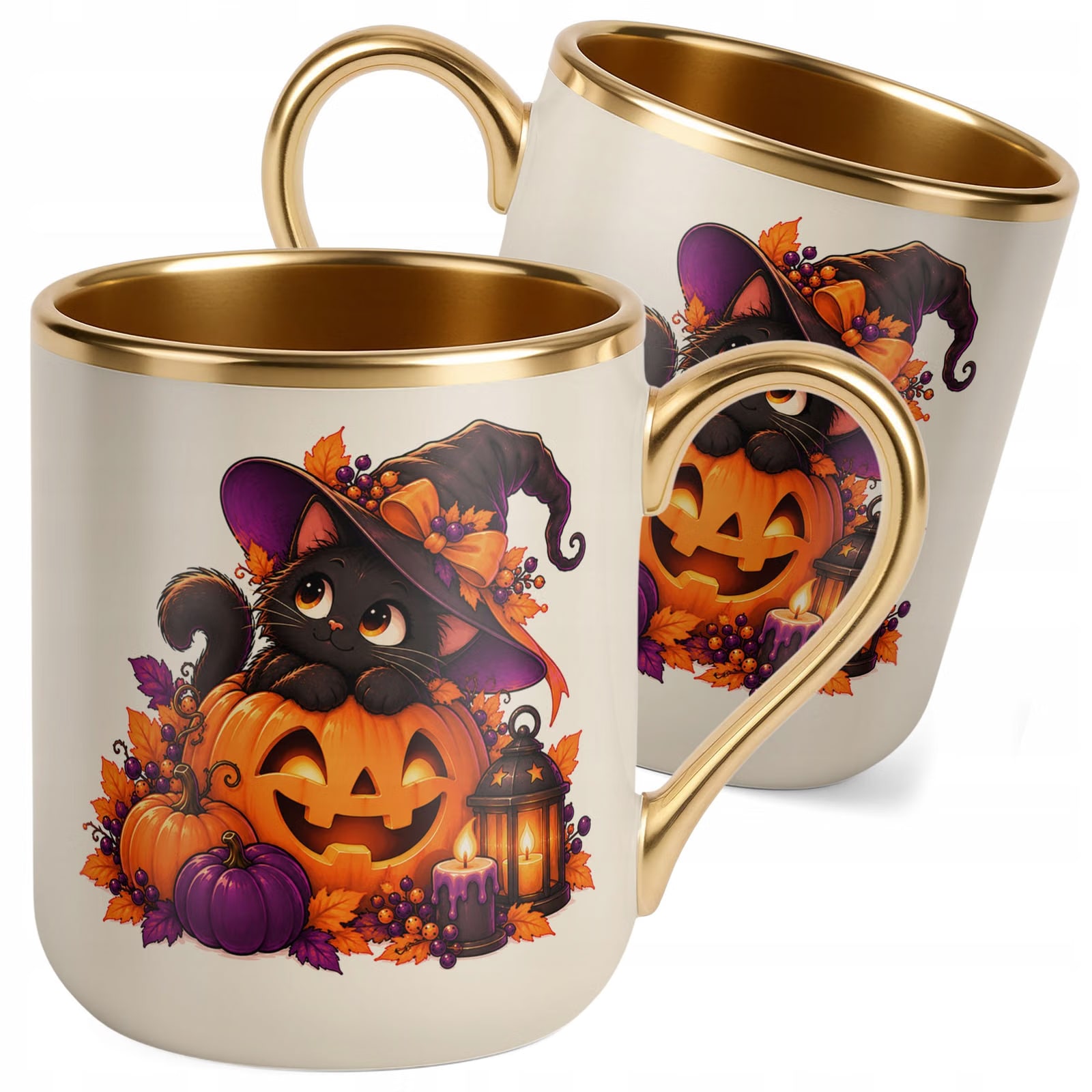 Kubek Premium Złoty Ecru z Nadrukiem Halloween Jesień Prezent