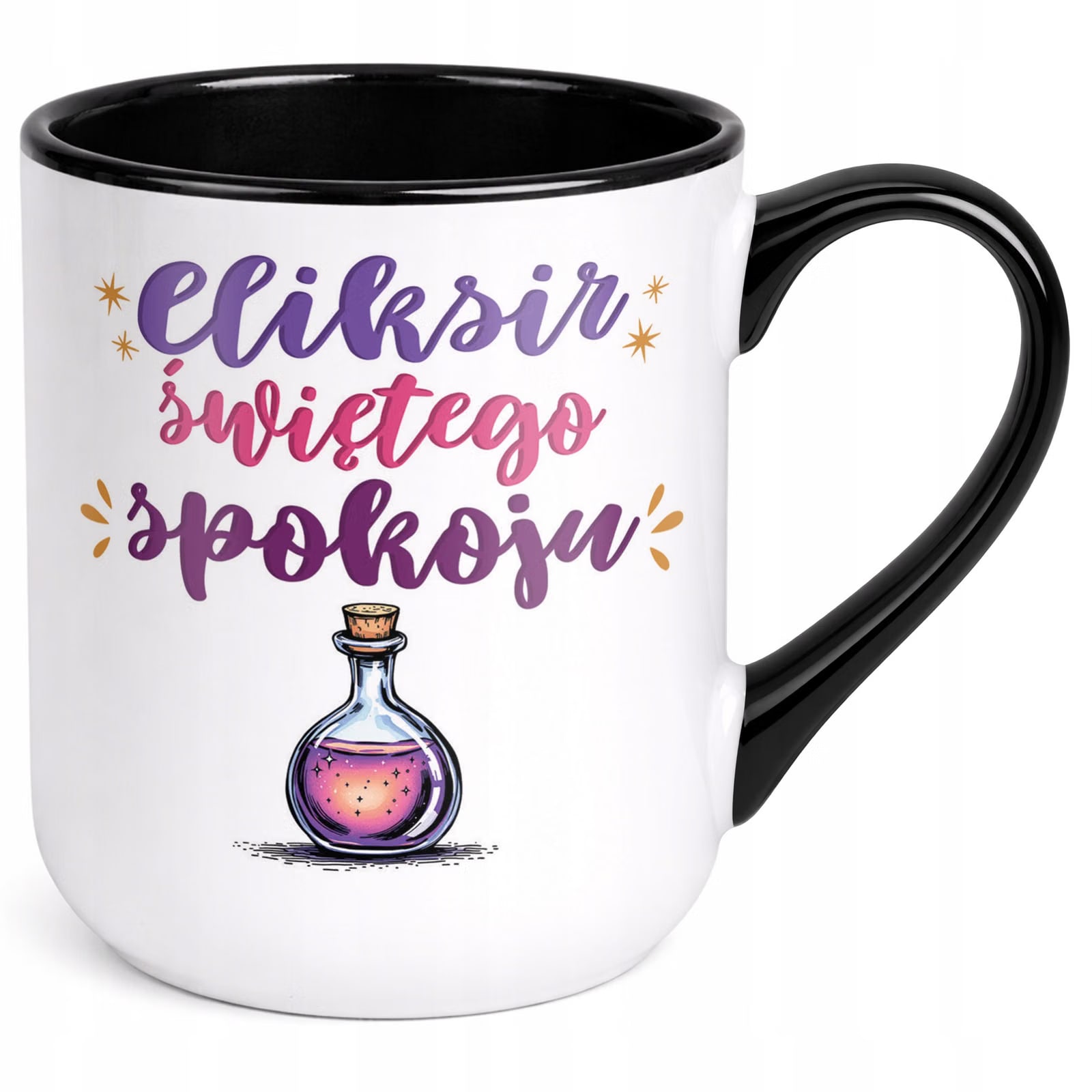 Kubek z nadrukiem Premium Czarny Eliksir Świętego Spokoju Upominek Prezent