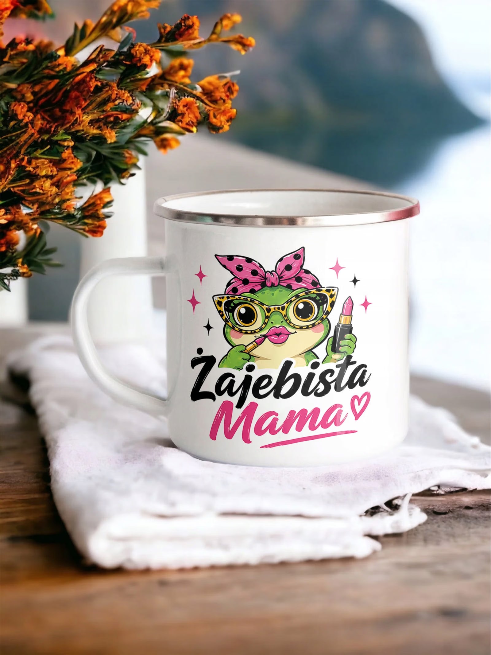 Kubek Emaliowany Dzień Matki dla mamy mały z z Nadrukiem Biały Metalowy